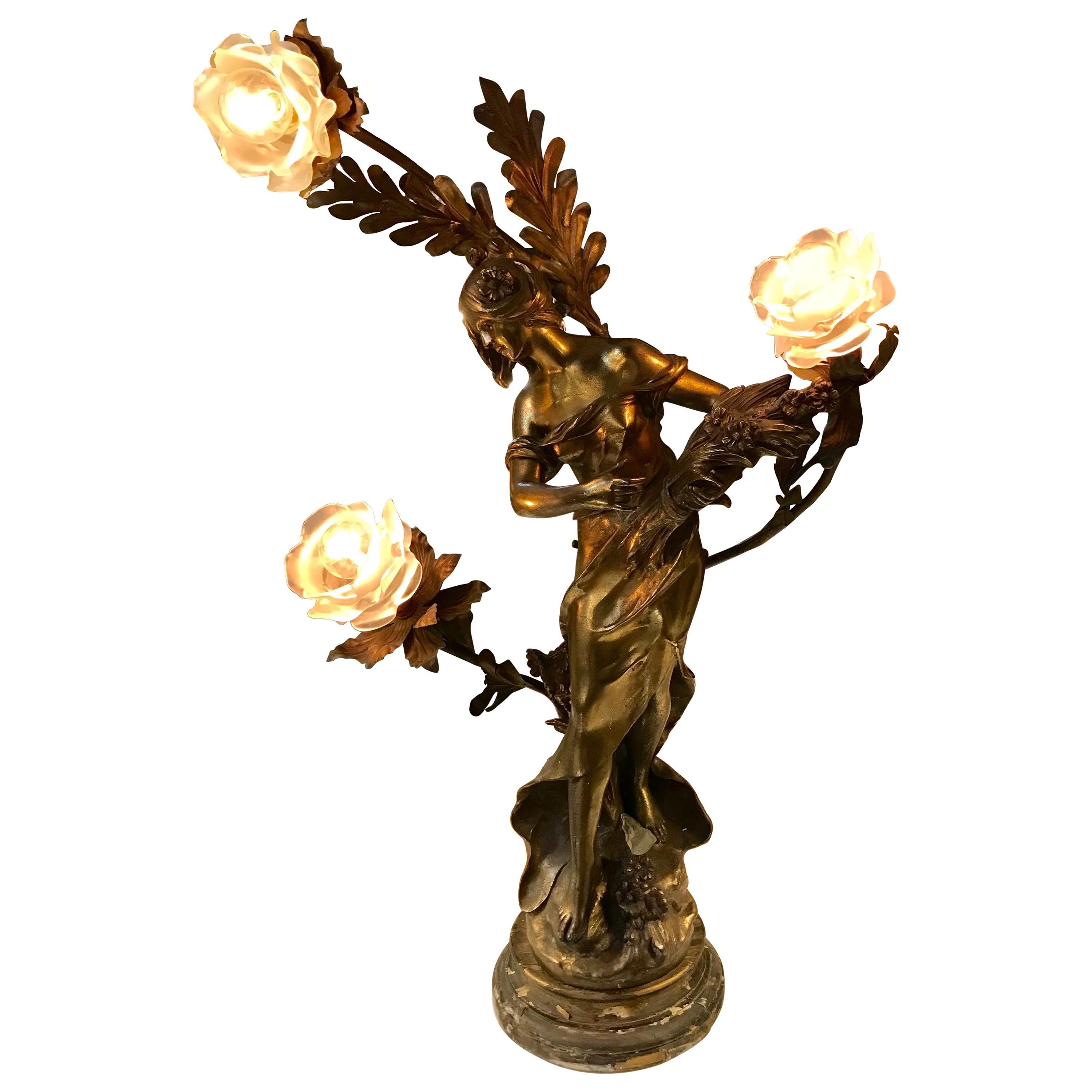 Spelter Auguste Moreau French Figural Table Lamp with 3 Lalique Style Shades