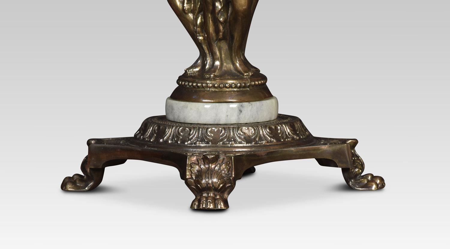 19th century spelter table lamp, the figural stem on shaped square base terminating in leaf caped paw feet.
Dimensions:
Height 18 inches
Width 8.5 inches
Depth 8.5 inches.