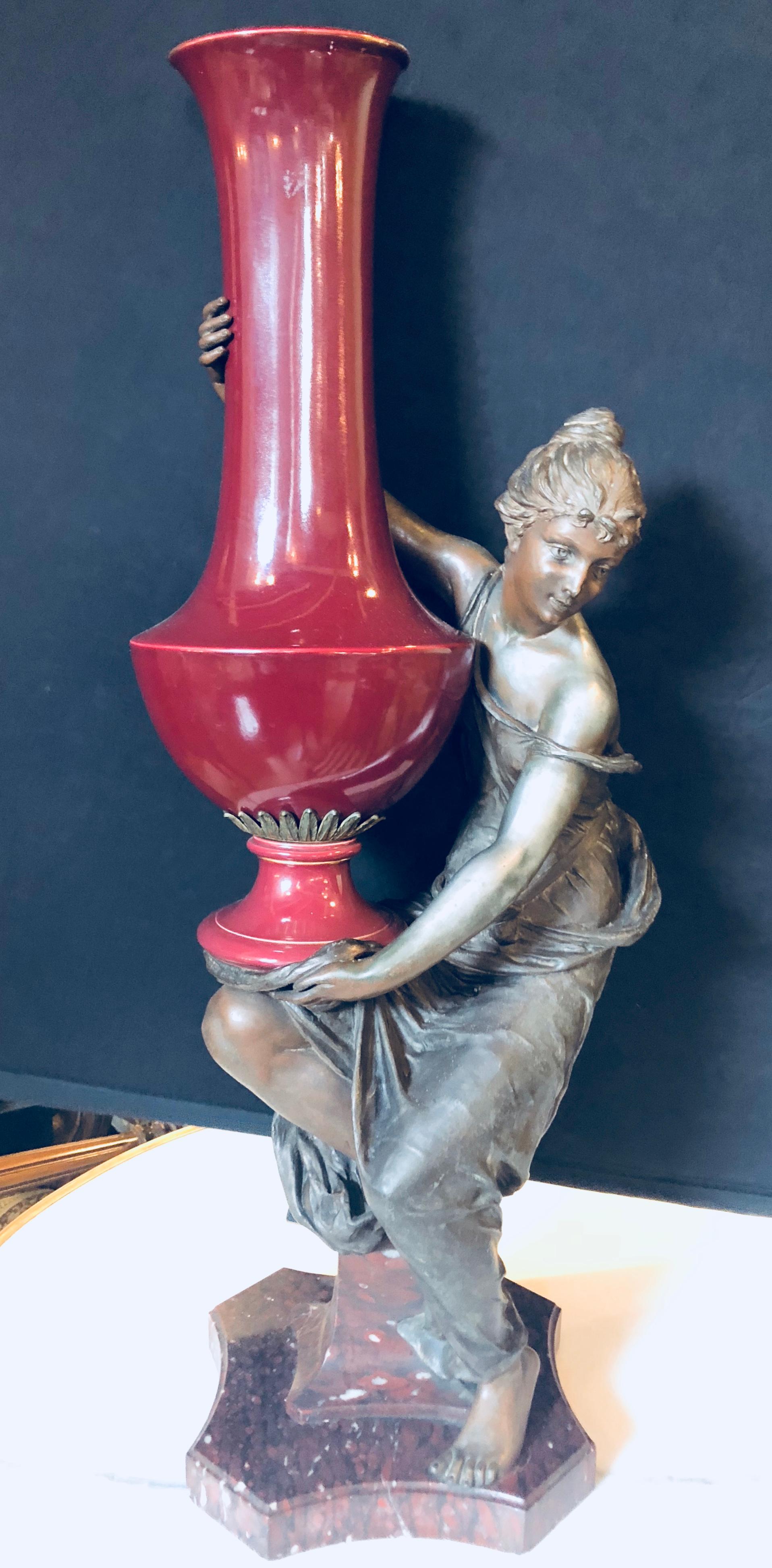 Spelter Figure of a Water Bearer on a Pedestal / Marble with Red Glazed Vase For Sale 4