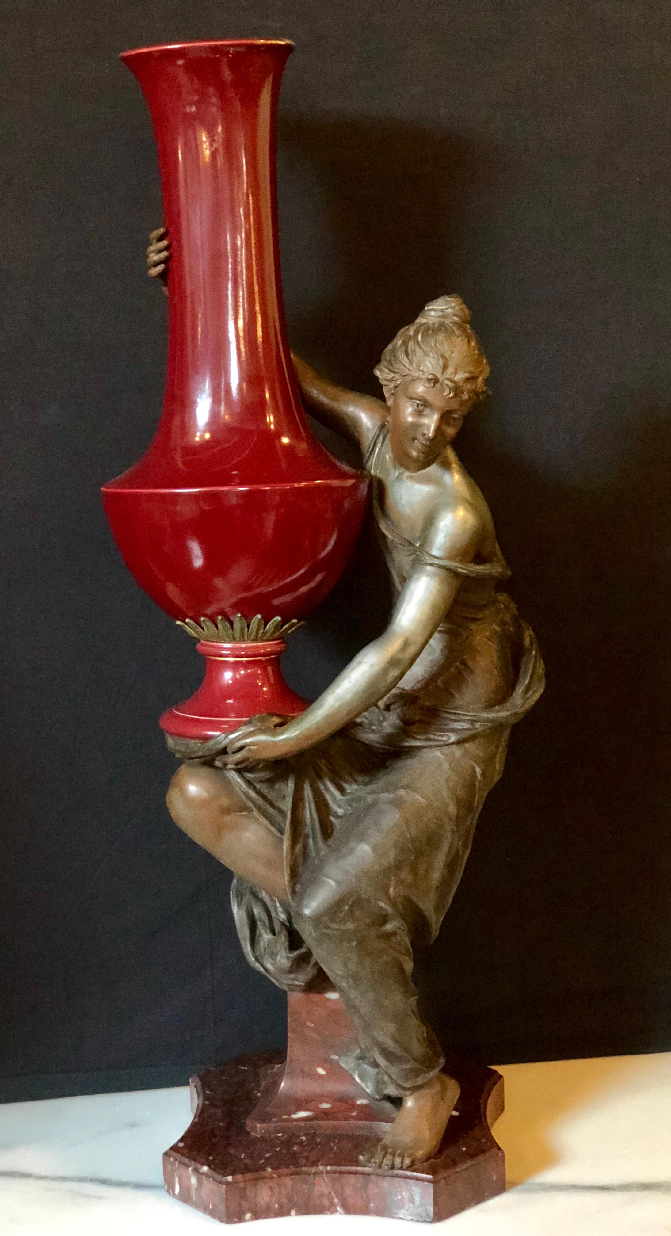 Spelter Figure of a Water Bearer on a Pedestal / Marble with Red Glazed Vase For Sale 5