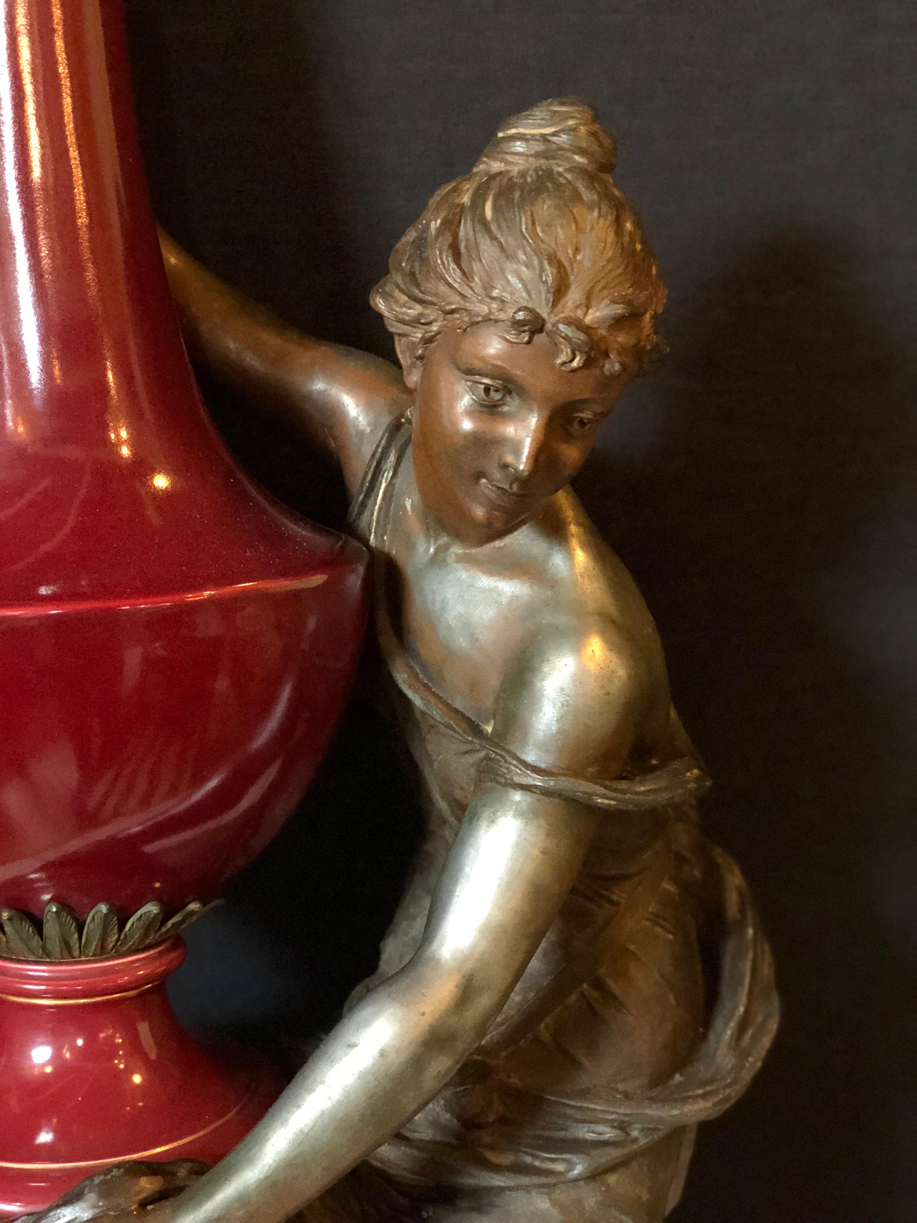 Spelter Figure of a Water Bearer on a Pedestal / Marble with Red Glazed Vase For Sale 6