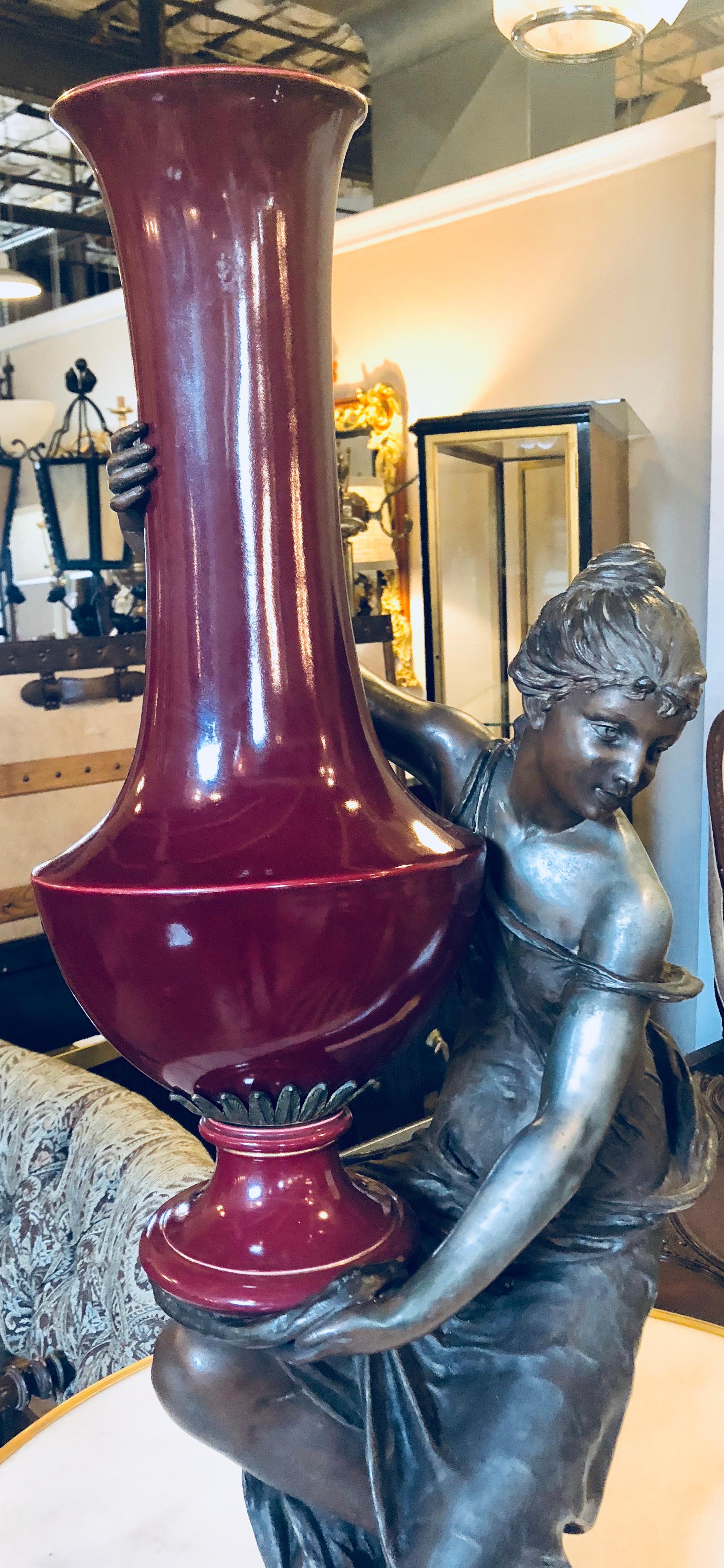 Spelter Figure of a Water Bearer on a Pedestal / Marble with Red Glazed Vase For Sale 12