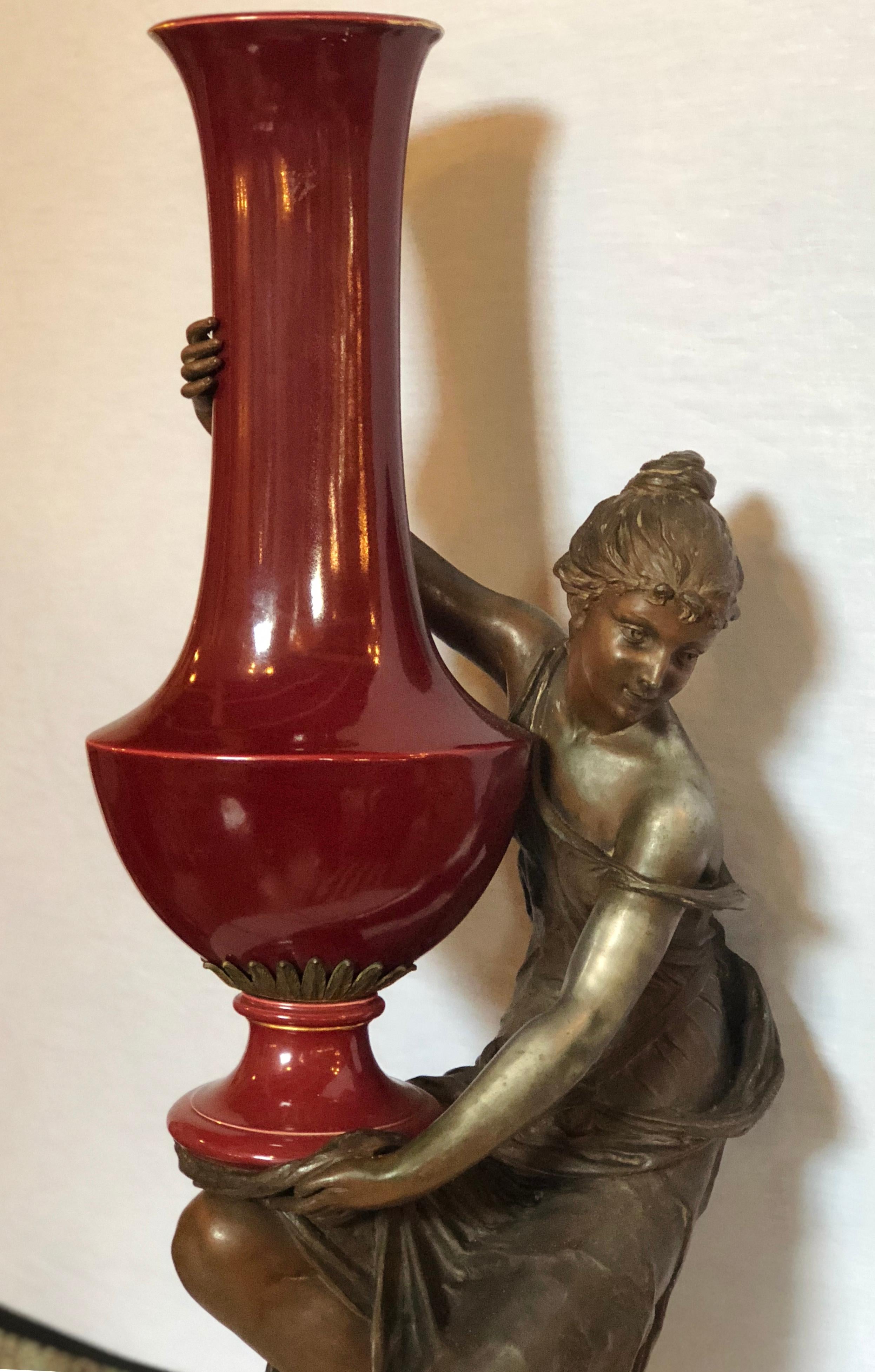 Neoclassical Spelter Figure of a Water Bearer on a Pedestal / Marble with Red Glazed Vase For Sale