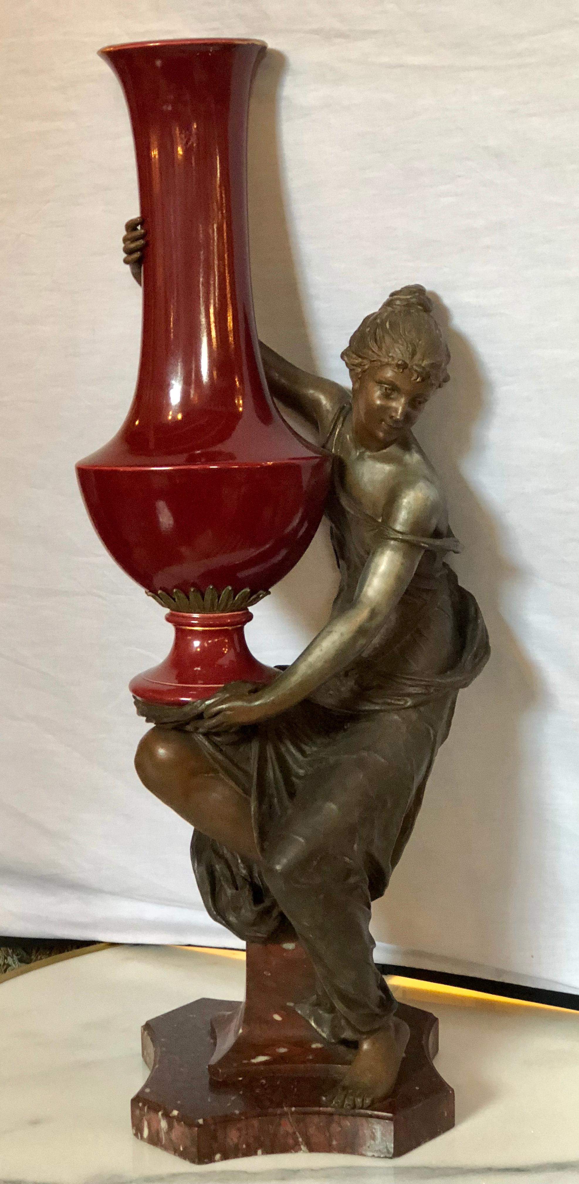 Spelter Figure of a Water Bearer on a Pedestal / Marble with Red Glazed Vase In Good Condition For Sale In Stamford, CT