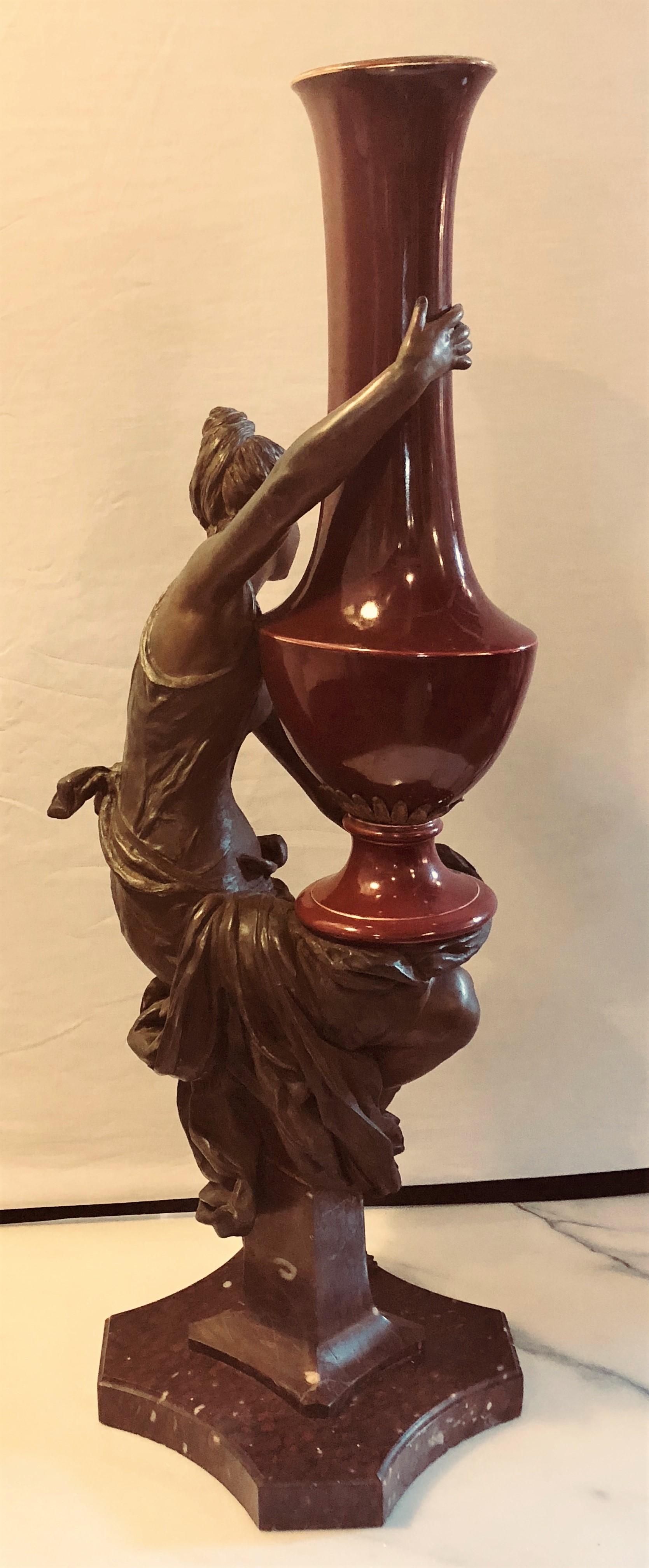 Spelter Figure of a Water Bearer on a Pedestal / Marble with Red Glazed Vase For Sale 2