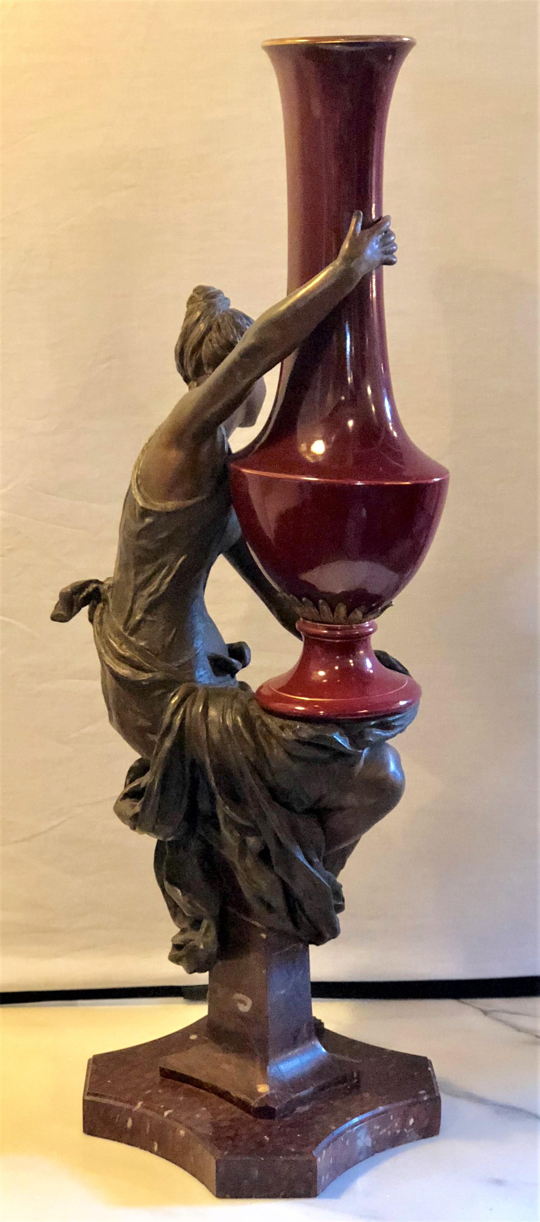 Spelter Figure of a Water Bearer on a Pedestal / Marble with Red Glazed Vase For Sale 3