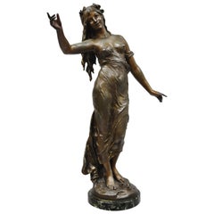 Antique Spelter French Art Nouveau Woman Maiden Sculpture Statue Signed Auguste Moreau