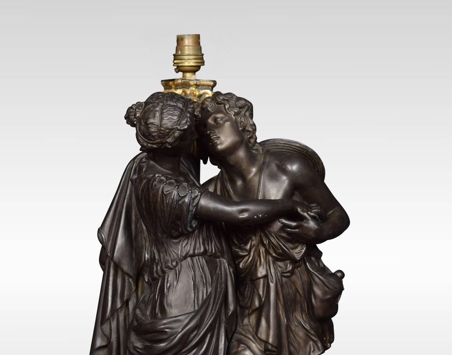 19th century spelter of a couple embracing in typical classical dress all raised up on marble base. Having brass Corinthian column lamp to the reverse. The lamp has been rewired.
Dimensions
Height 22 inches
Width 11 inches
Depth 6.5 inches.