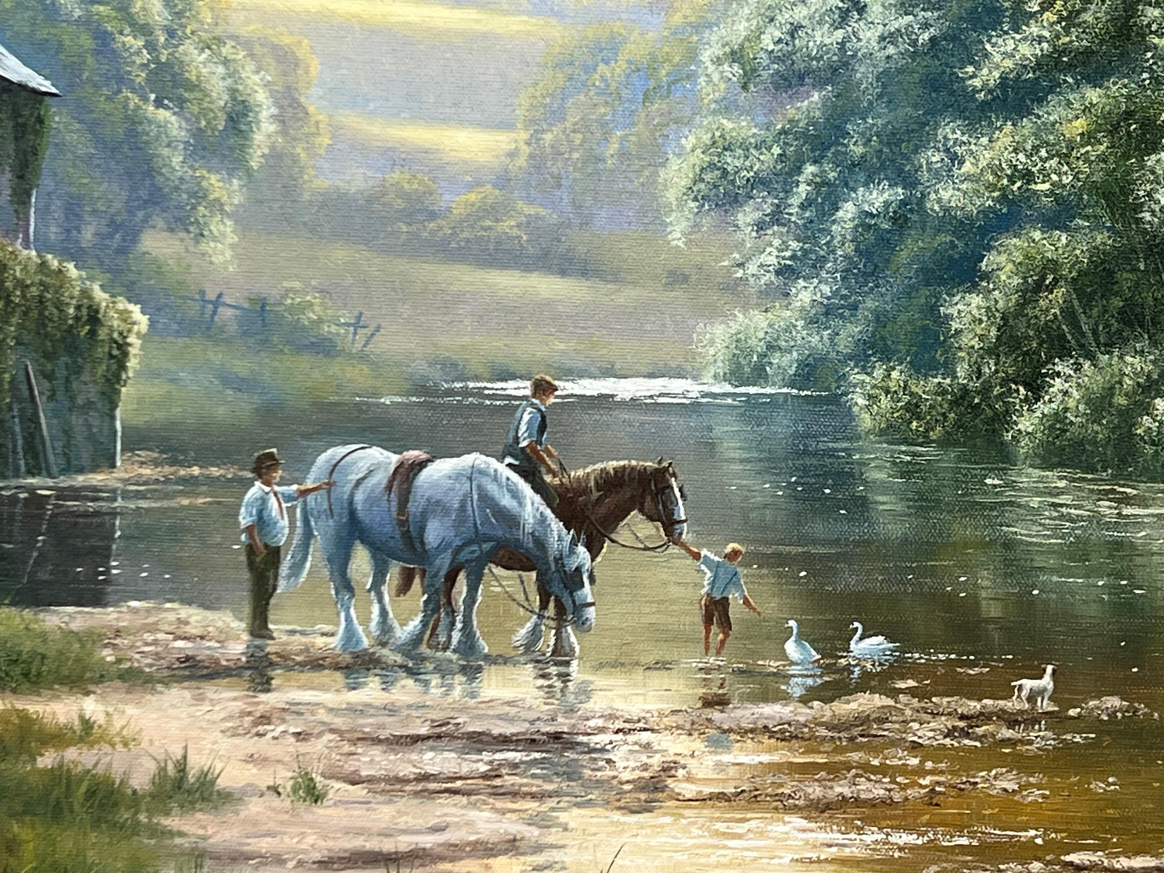 Cavallo e famiglia con anatre e cane in riva al fiume nella campagna inglese 5