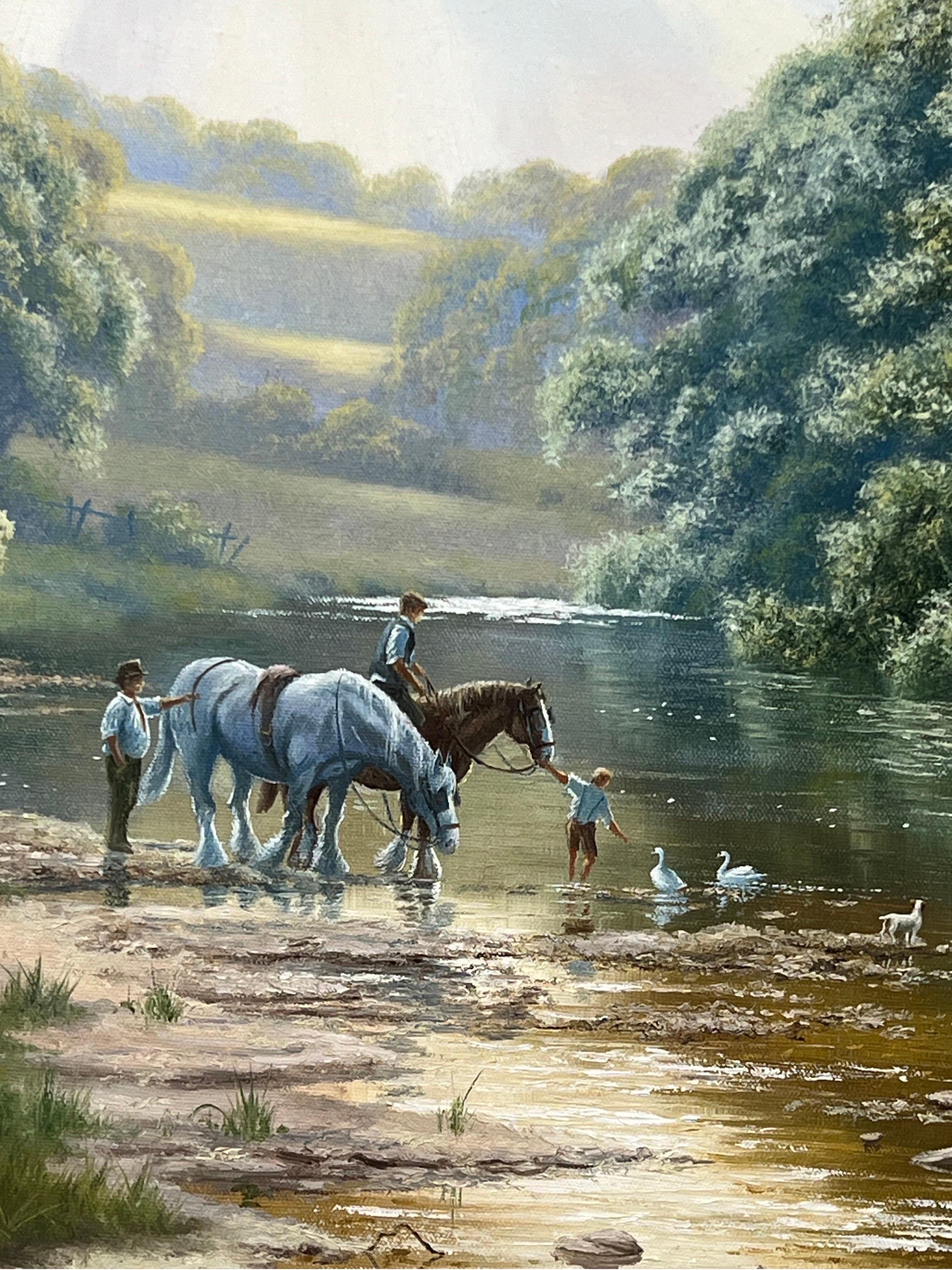 Cavallo e famiglia con anatre e cane in riva al fiume nella campagna inglese 6