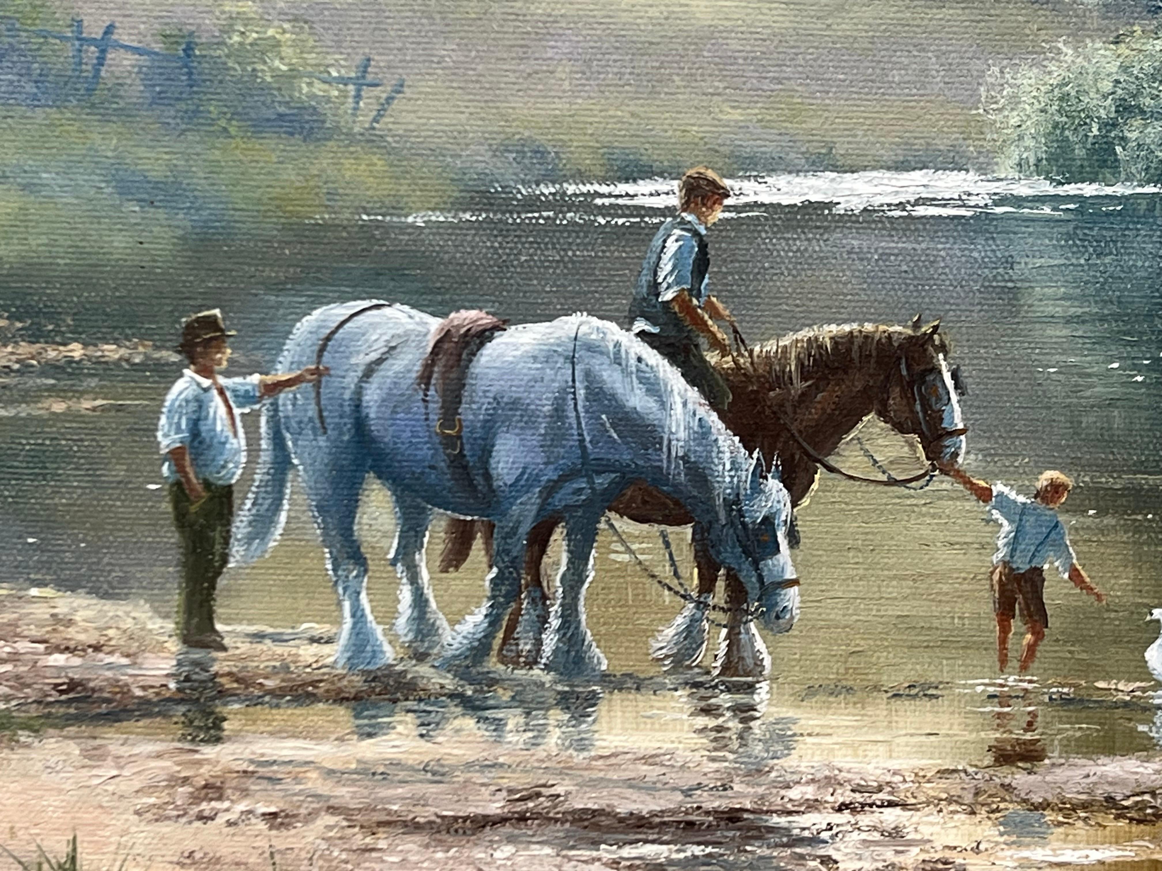Cavallo e famiglia con anatre e cane in riva al fiume nella campagna inglese 7