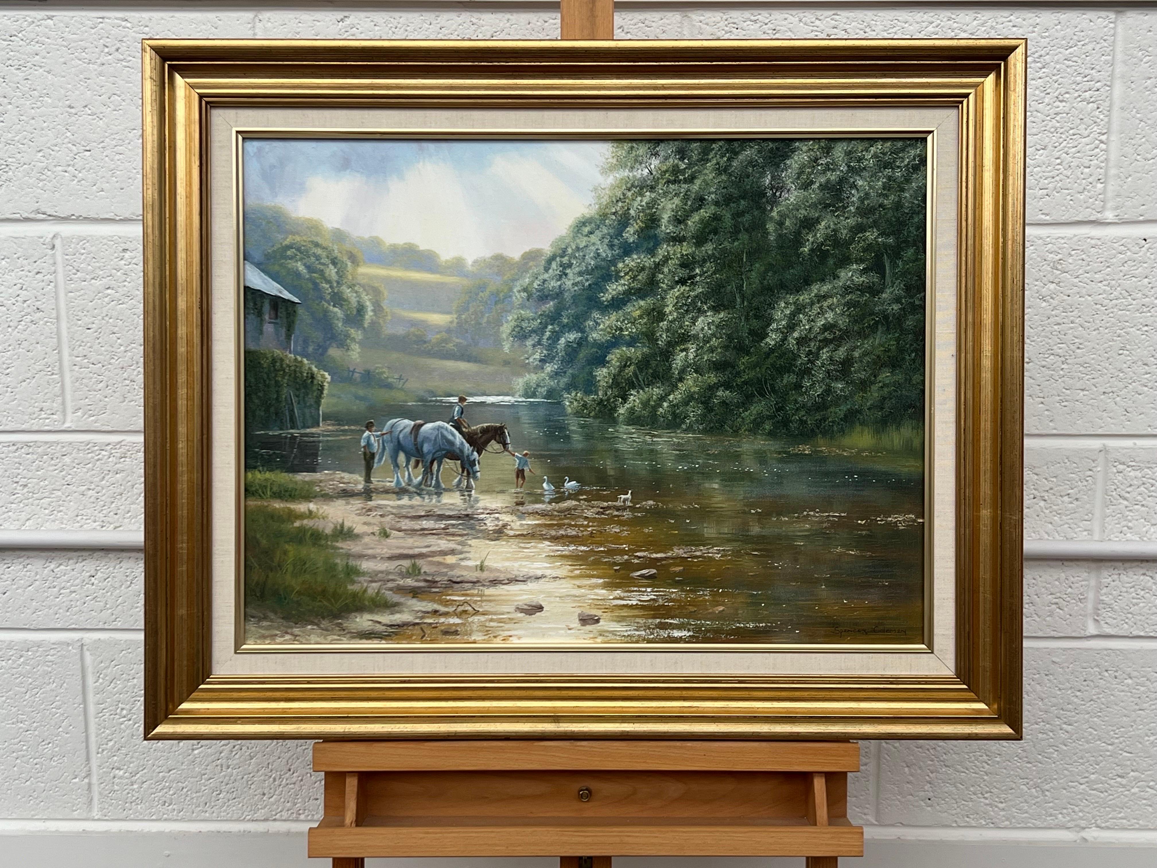 Cavallo e famiglia con anatre e cane in riva al fiume nella campagna inglese 11