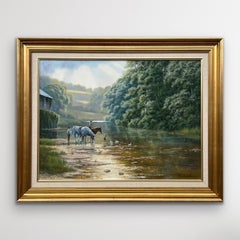 Cheval et famille avec canards et chien au bord de la rivière dans la campagne anglaise