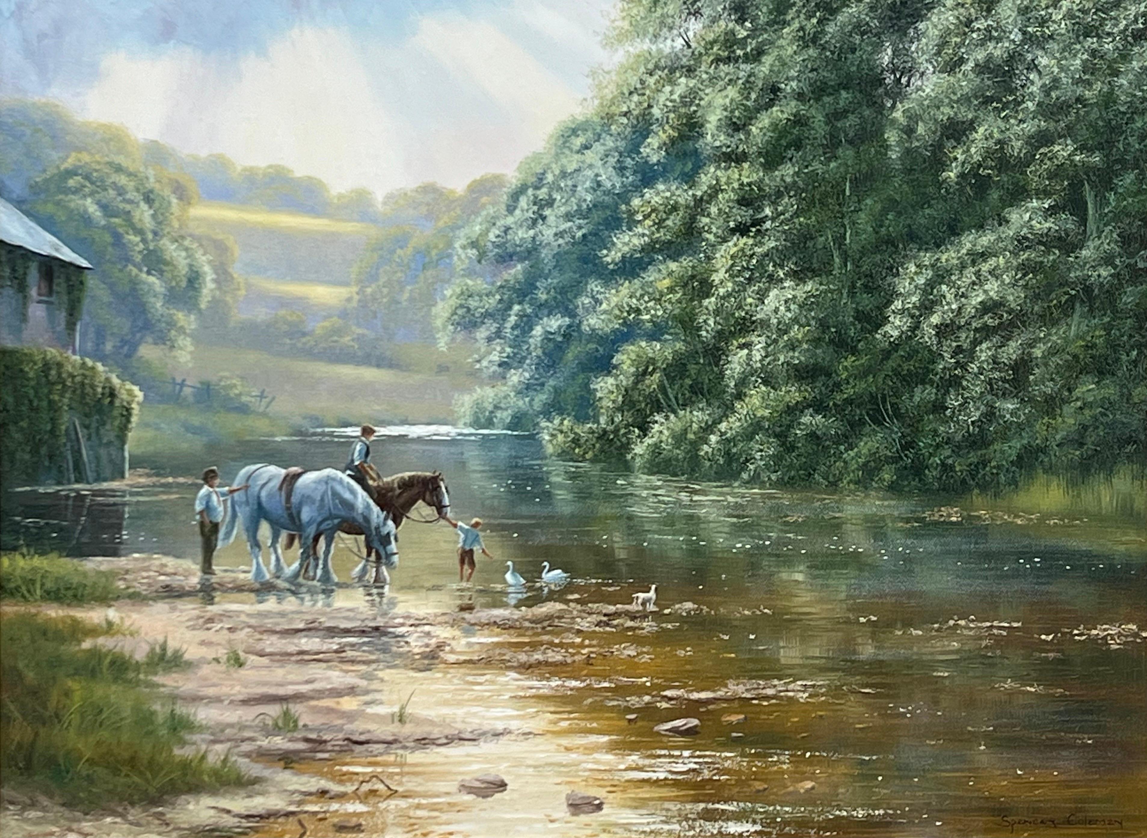 Cavallo e famiglia con anatre e cane in riva al fiume nella campagna inglese - Painting Realismo di Spencer Coleman