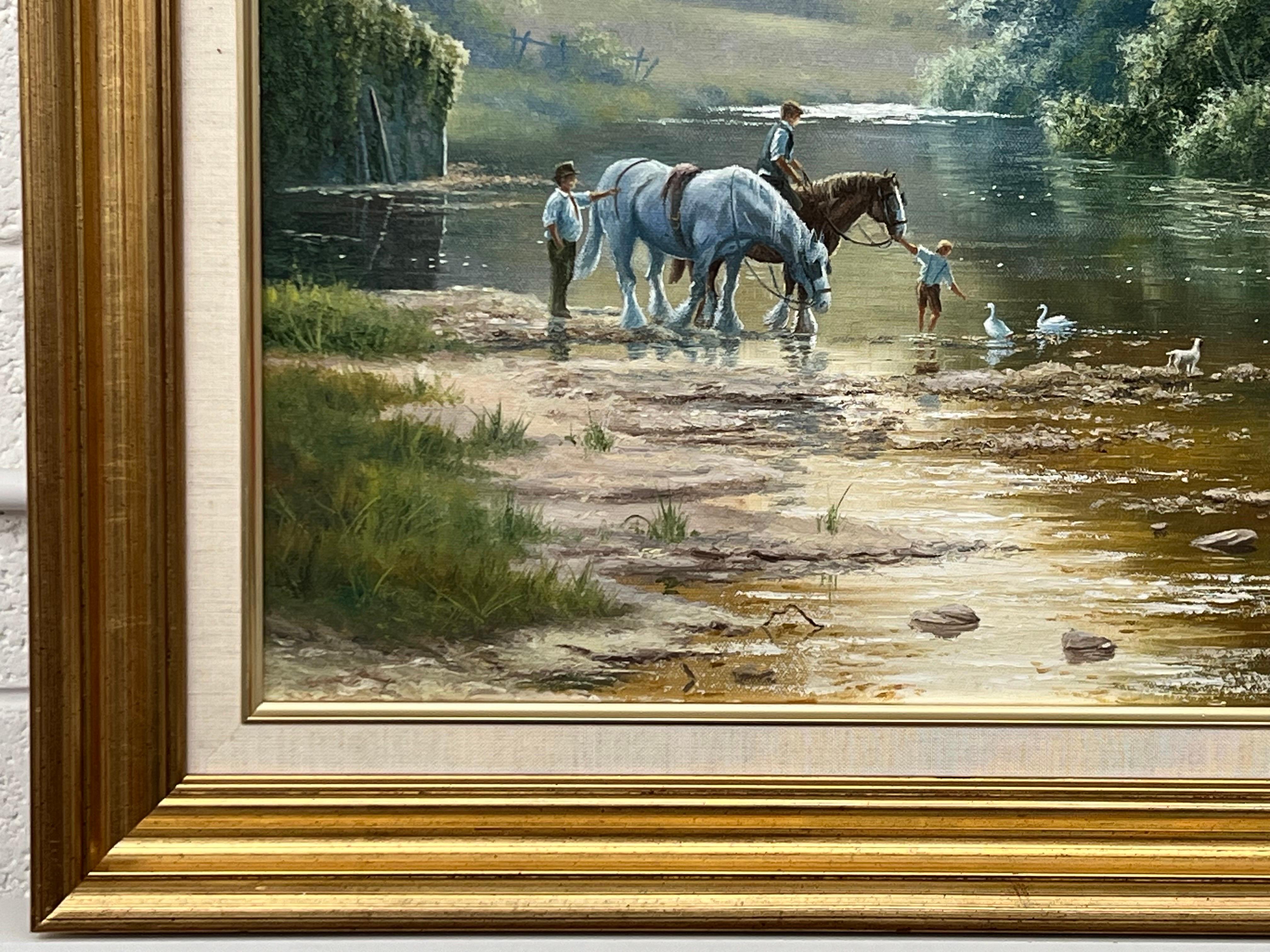 Cavallo e famiglia con anatre e cane in riva al fiume nella campagna inglese - Animal Painting Marrone di Spencer Coleman