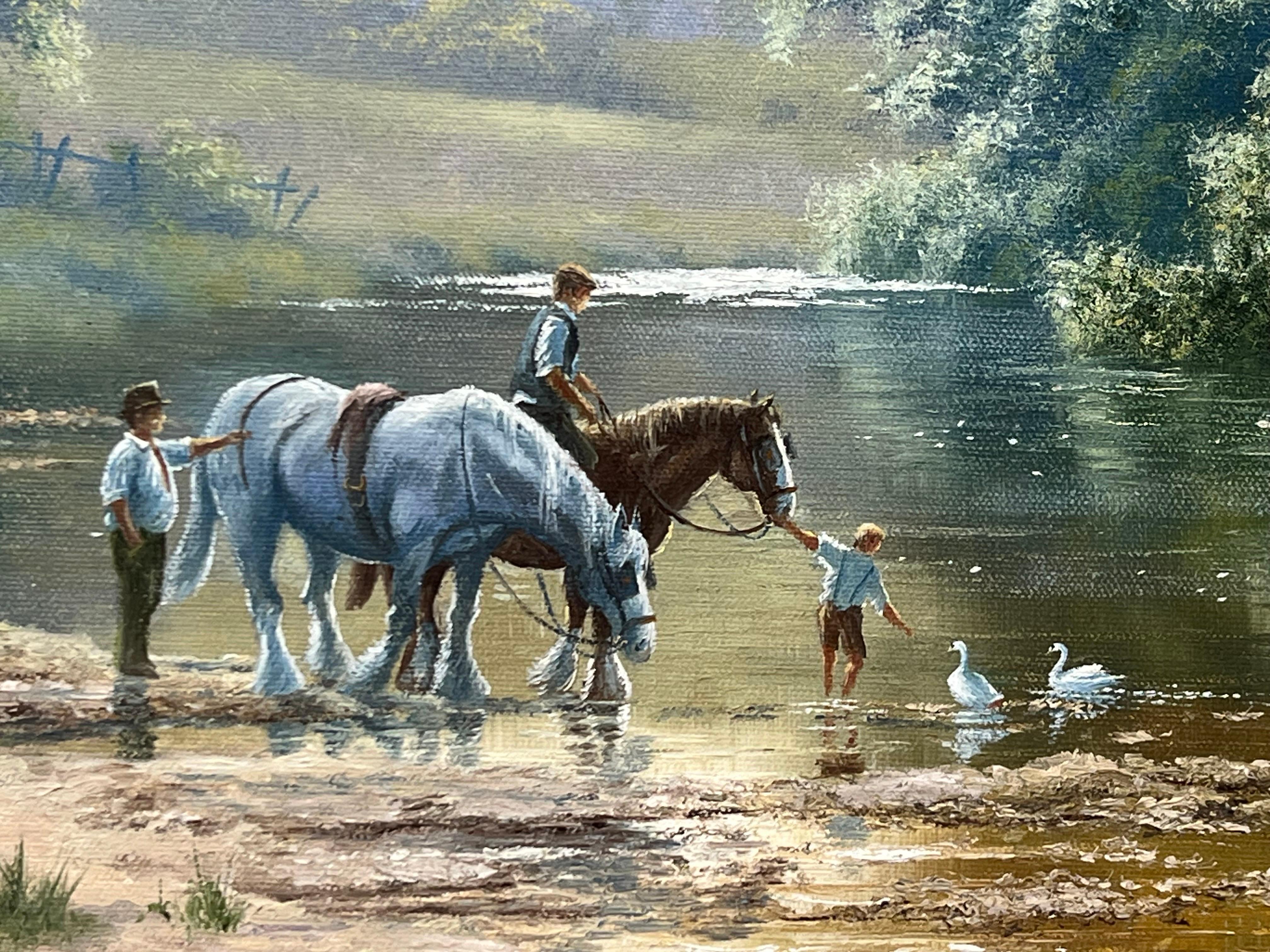 Cavallo e famiglia con anatre e cane in riva al fiume nella campagna inglese 4