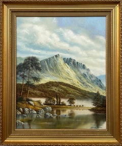 Oil Painting of Mountain Countryside Scene with Lake, Birds & Cattle in England