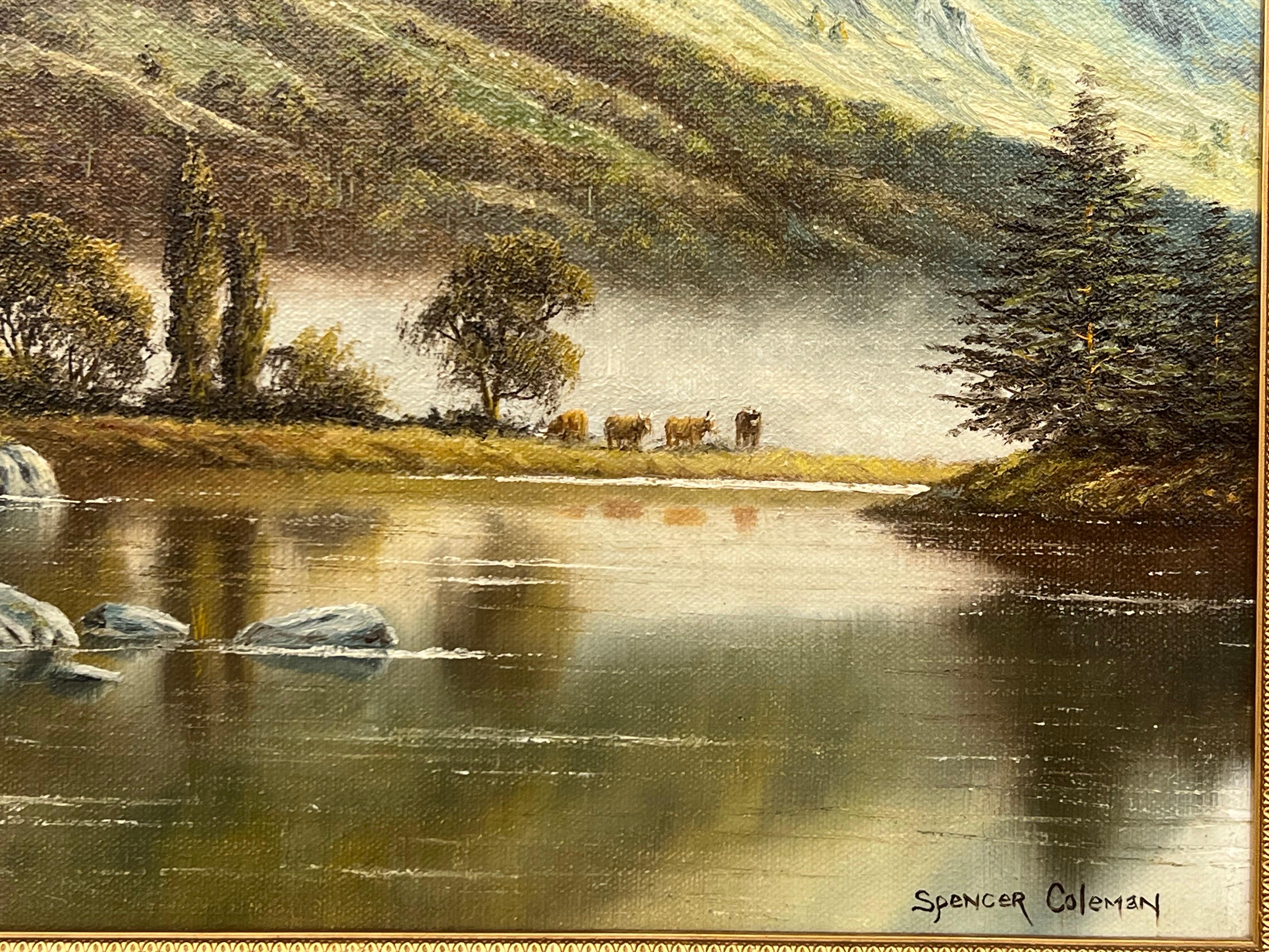 Original Oil Painting of Mountain Countryside Scene with Lake, Birds & Cattle in England. Oil on canvas, signed. 

Art measures 16 x 20 inches 
Frame measures 21 x 25 inches 

Spencer Coleman (b. 1952) is widely considered to be one of the leading