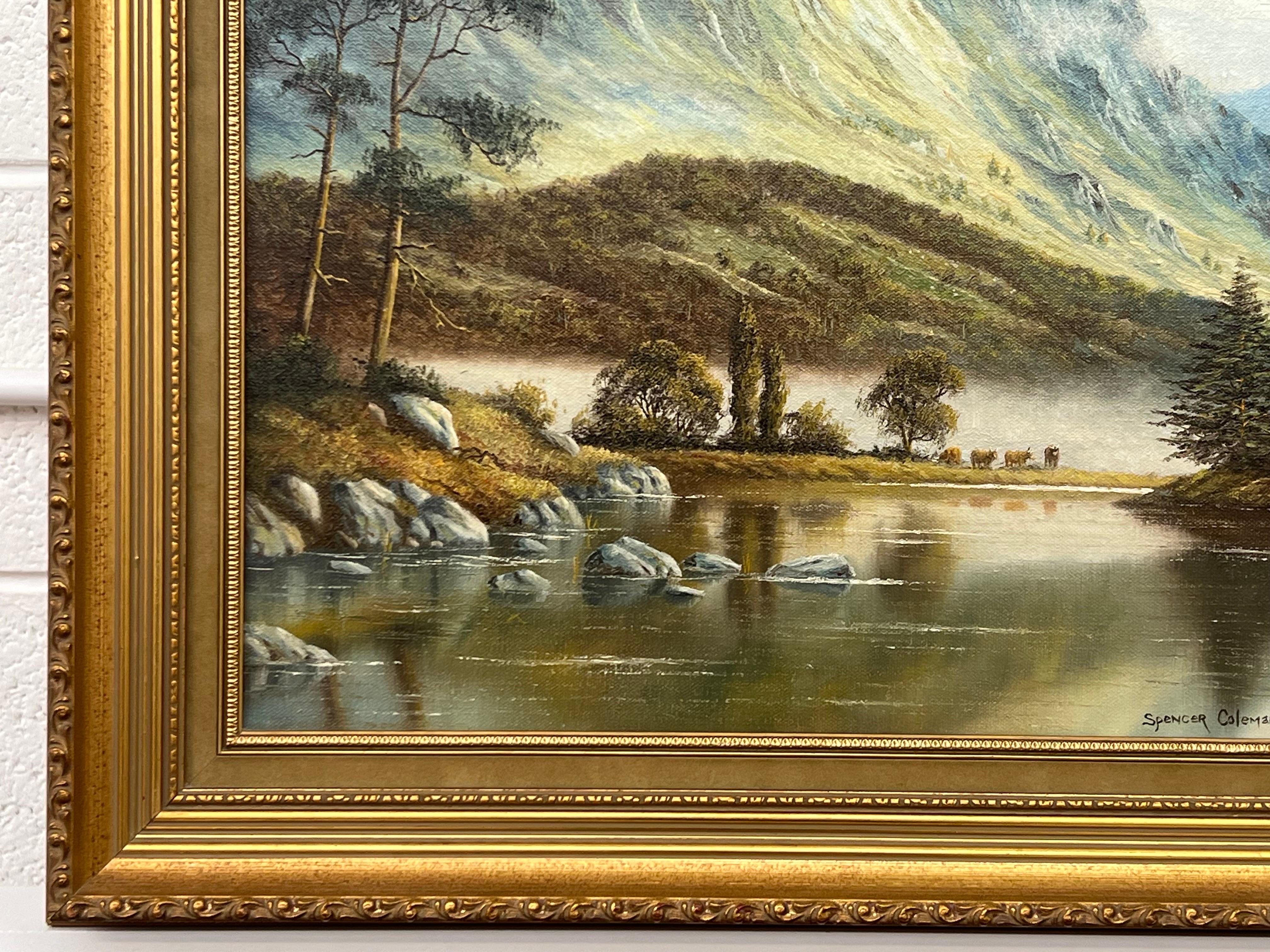 Oil Painting of Mountain Countryside Scene with Lake, Birds & Cattle in England For Sale 1