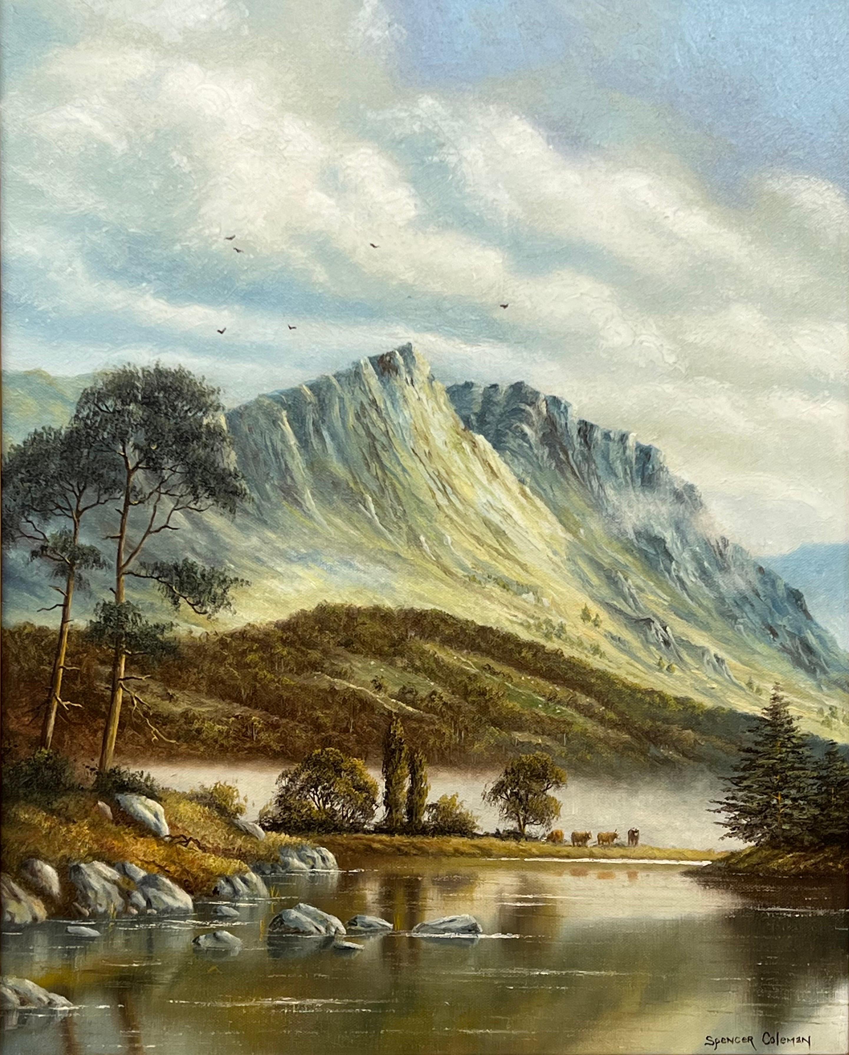 Oil Painting of Mountain Countryside Scene with Lake, Birds & Cattle in England For Sale 2