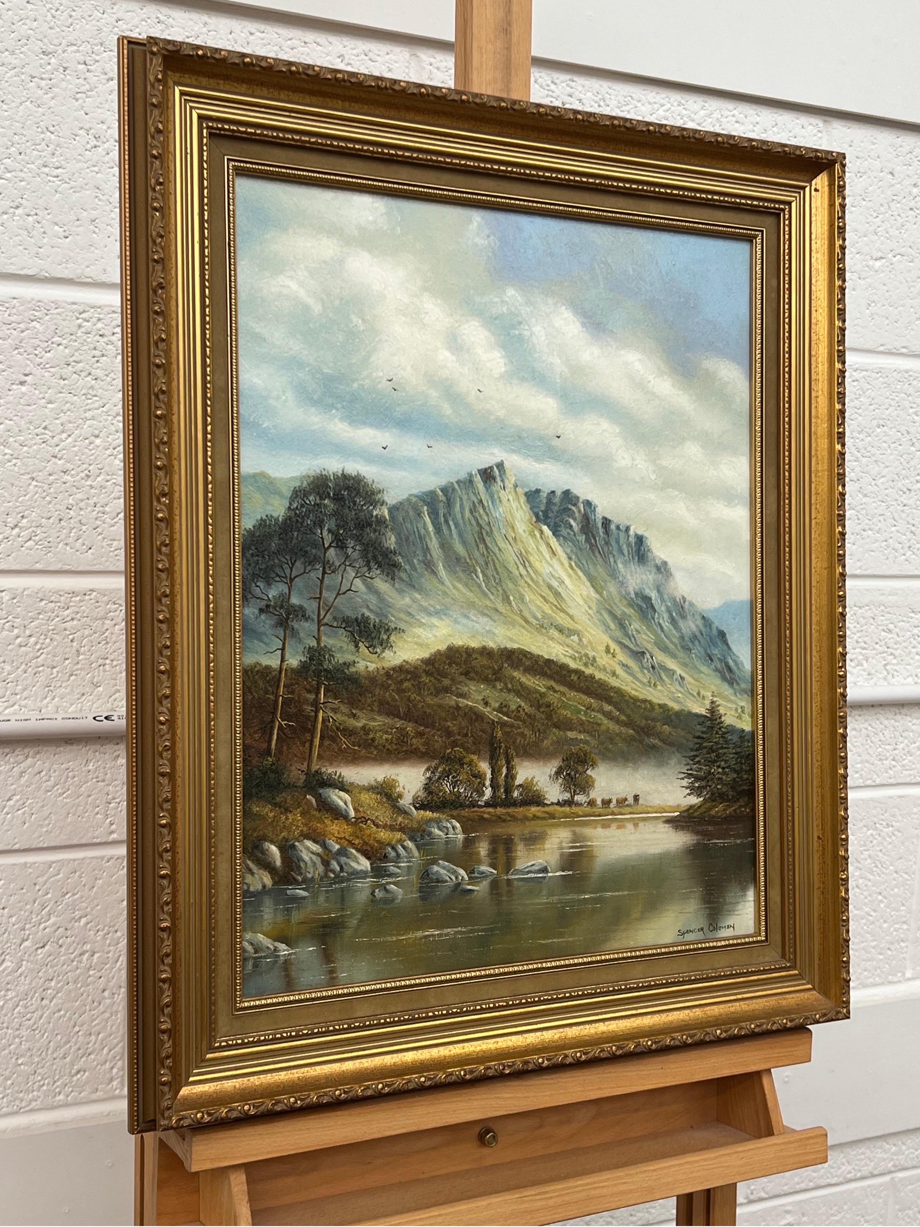 Oil Painting of Mountain Countryside Scene with Lake, Birds & Cattle in England For Sale 3