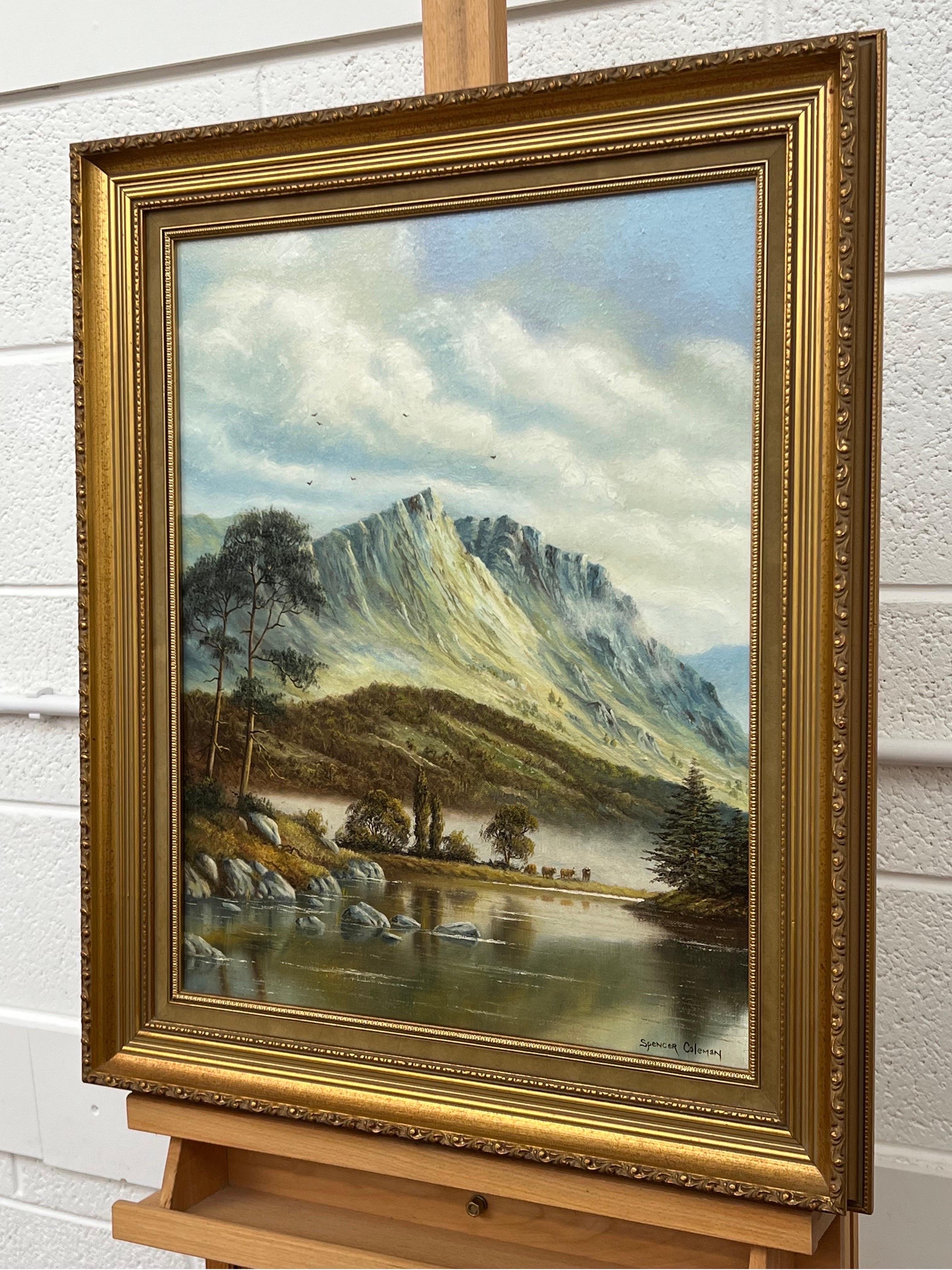 Oil Painting of Mountain Countryside Scene with Lake, Birds & Cattle in England For Sale 4
