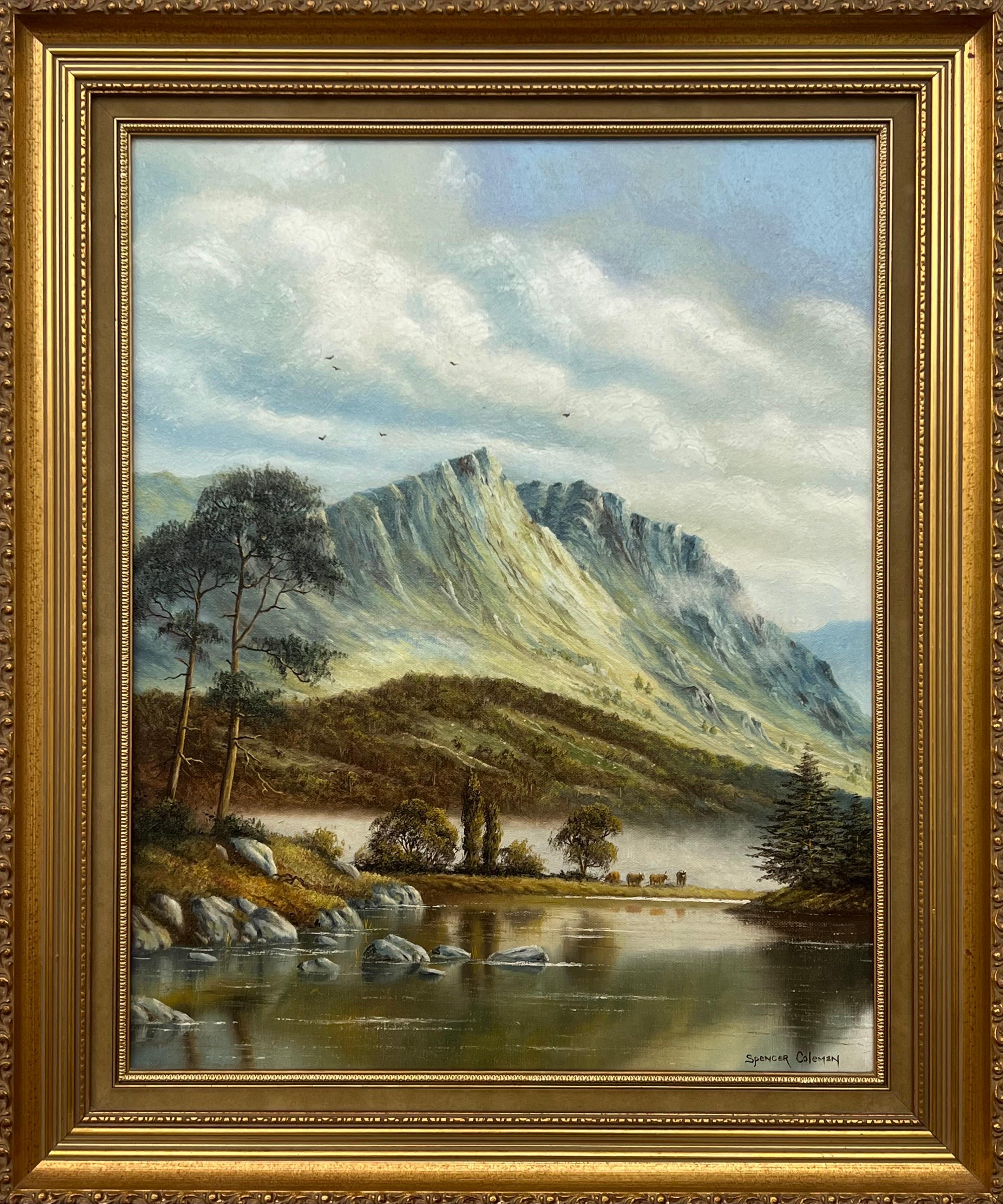 Peinture à l'huile d'une scène de campagne montagneuse avec lac, oiseaux et bétail en Angleterre