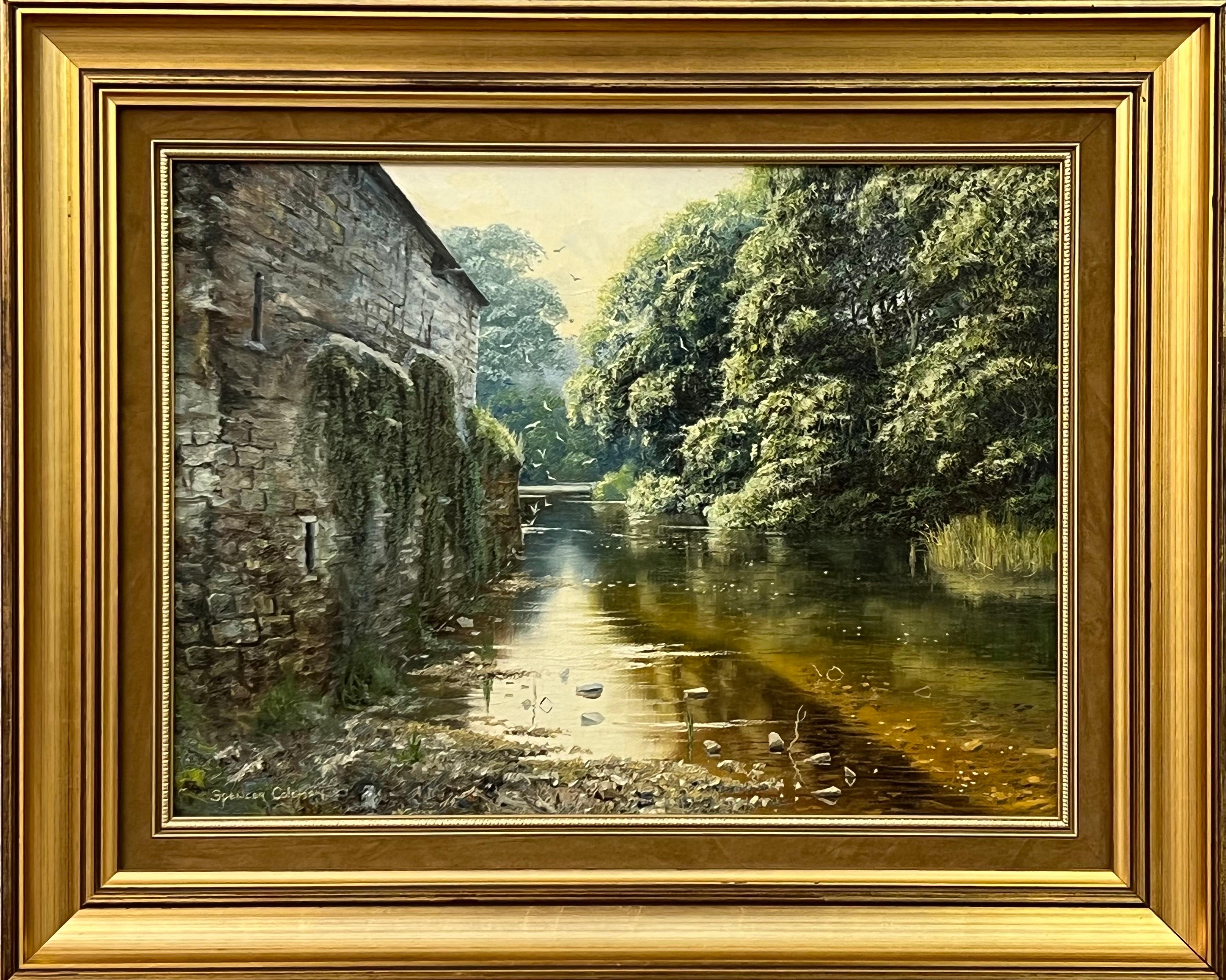 Gemälde einer schönen Flussssssszene mit Vögeln in einer ländlichen Landschaft in Irland (Braun), Animal Painting, von Spencer Coleman