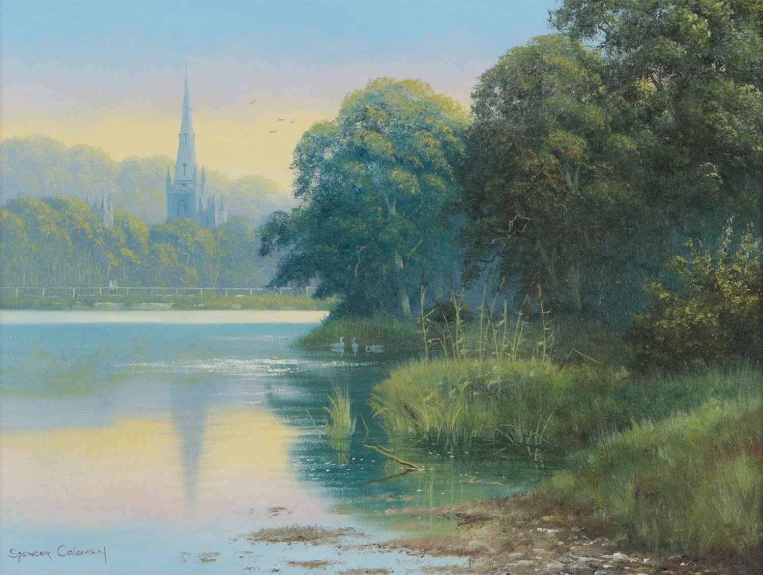 Peinture d'une scène de campagne irlandaise avec le lac des cygnes et les reflets d'une église - Painting de Spencer Coleman
