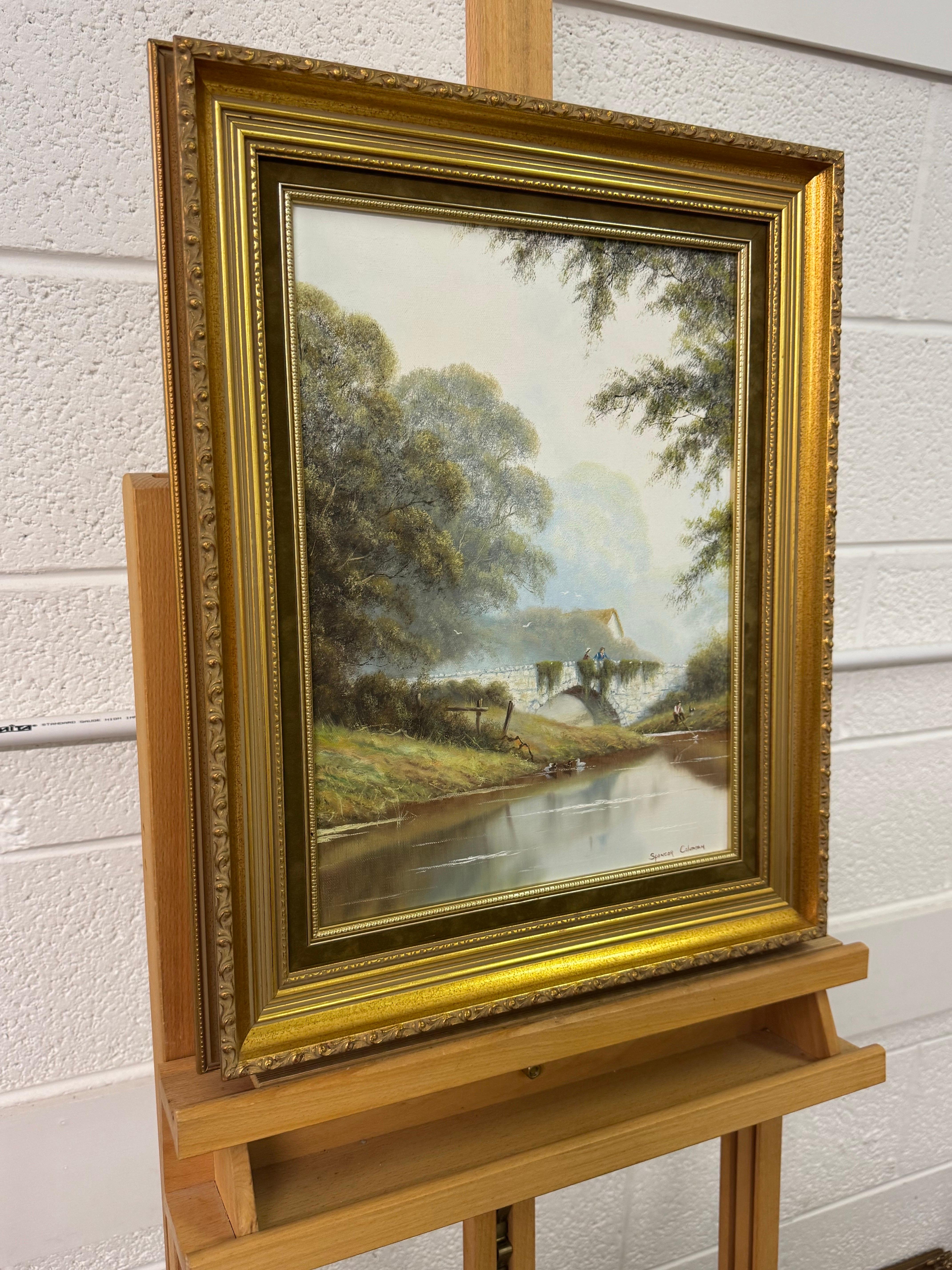 Flussbrücke mit Figuren in englischer Landschaft von einem britischen Künstler des 20. – Painting von Spencer Coleman