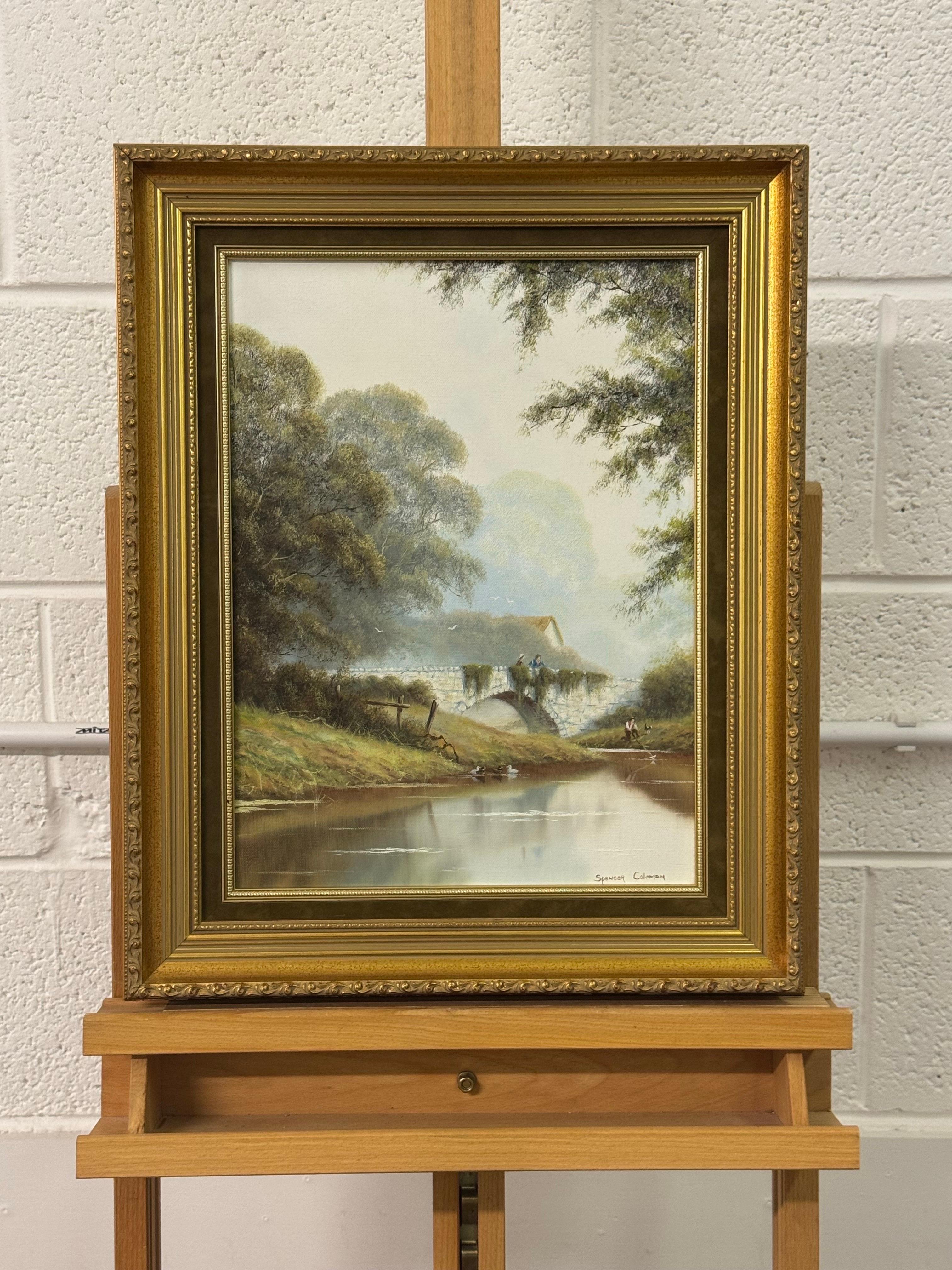 Flussbrücke mit Figuren in englischer Landschaft von einem britischen Künstler des 20. (Realismus), Painting, von Spencer Coleman