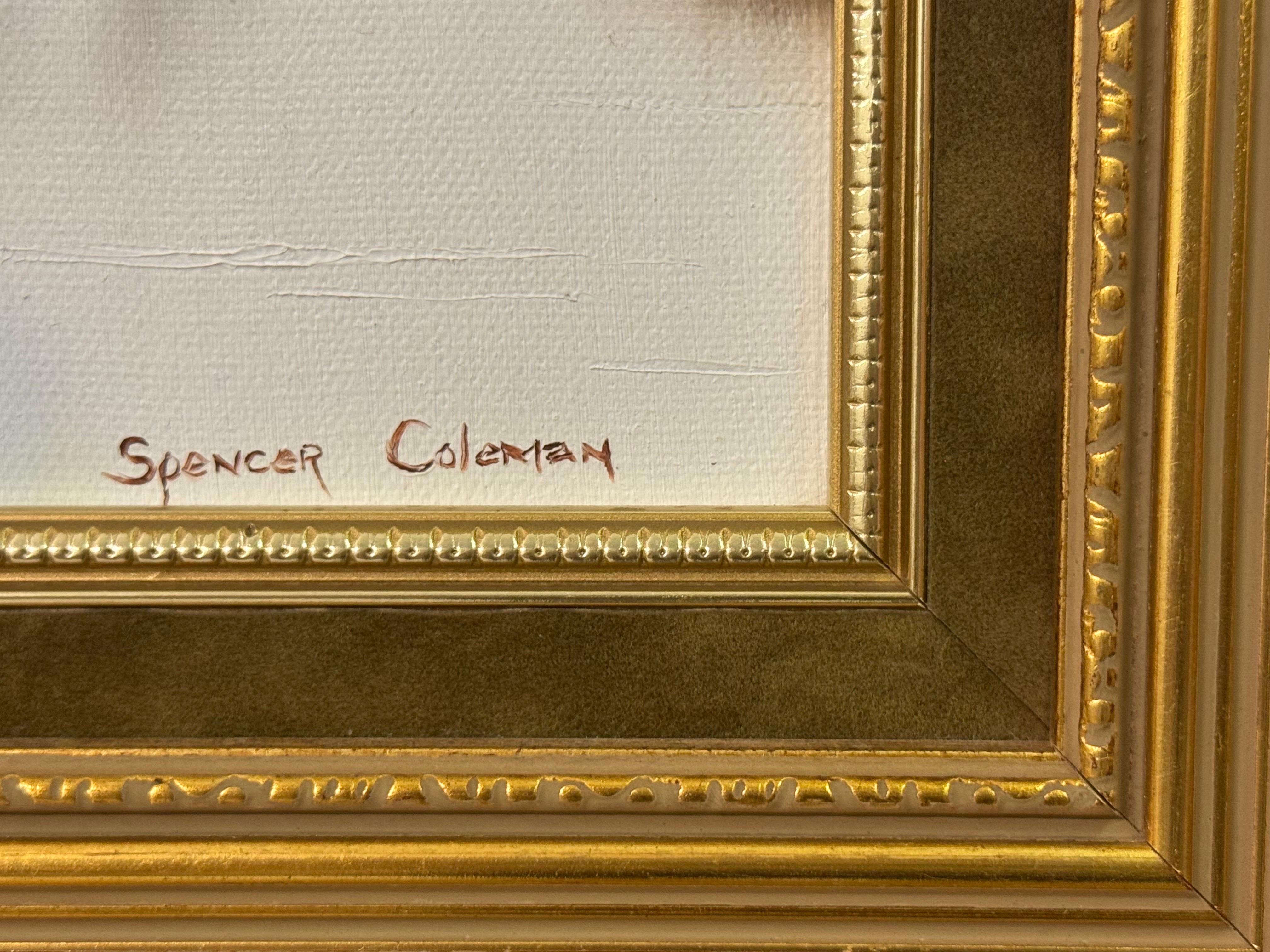 Flussbrücke mit Figuren in englischer Landschaft vom britischen Künstler des 20. Jahrhunderts, Spencer Coleman. Einzigartiges Vintage Original, Öl auf Leinwand, signiert.

Kunst misst 12 x 16 Zoll
Rahmen misst 16 x 20 Zoll

Dieses heitere