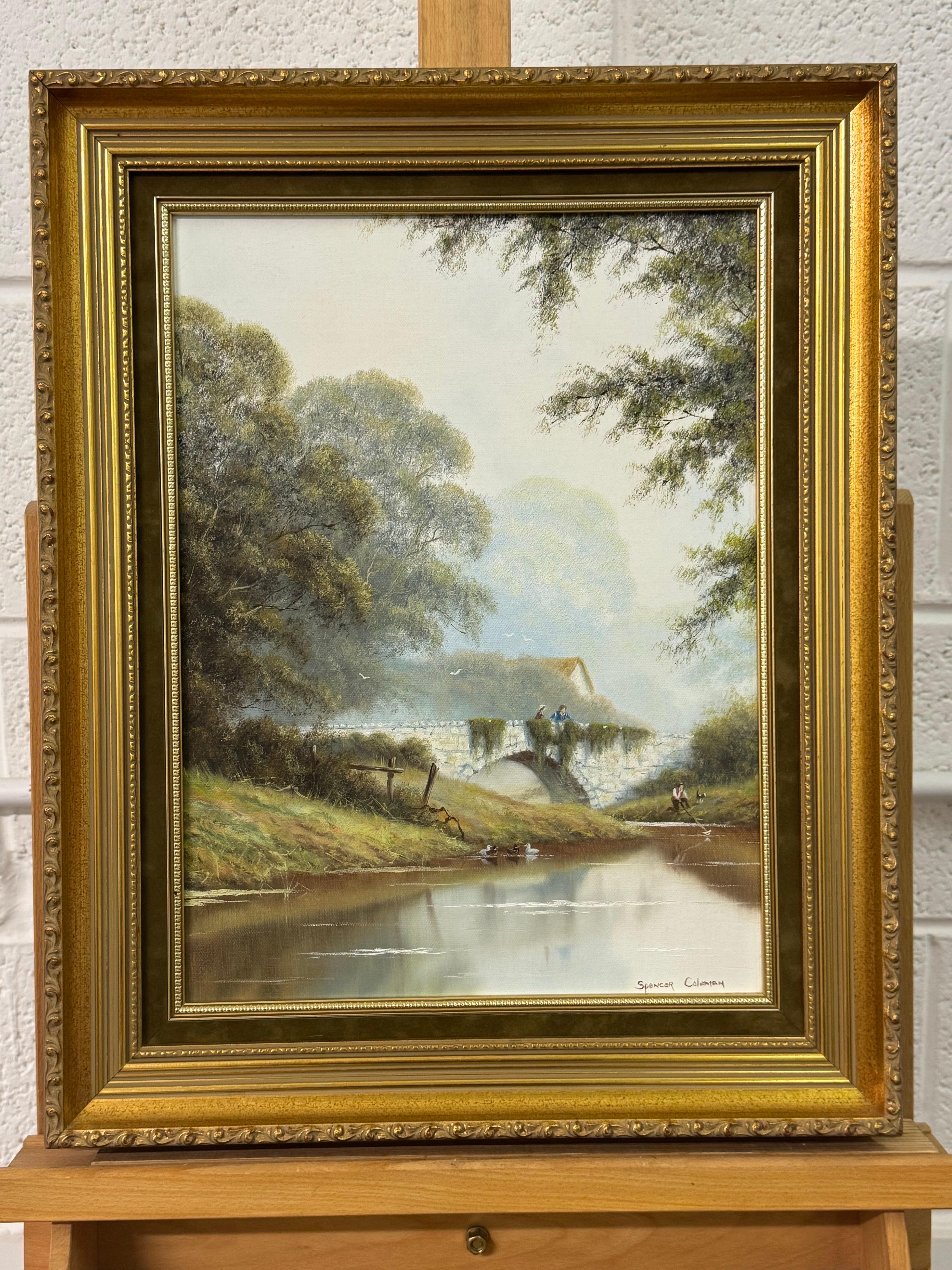 Flussbrücke mit Figuren in englischer Landschaft von einem britischen Künstler des 20. im Angebot 1