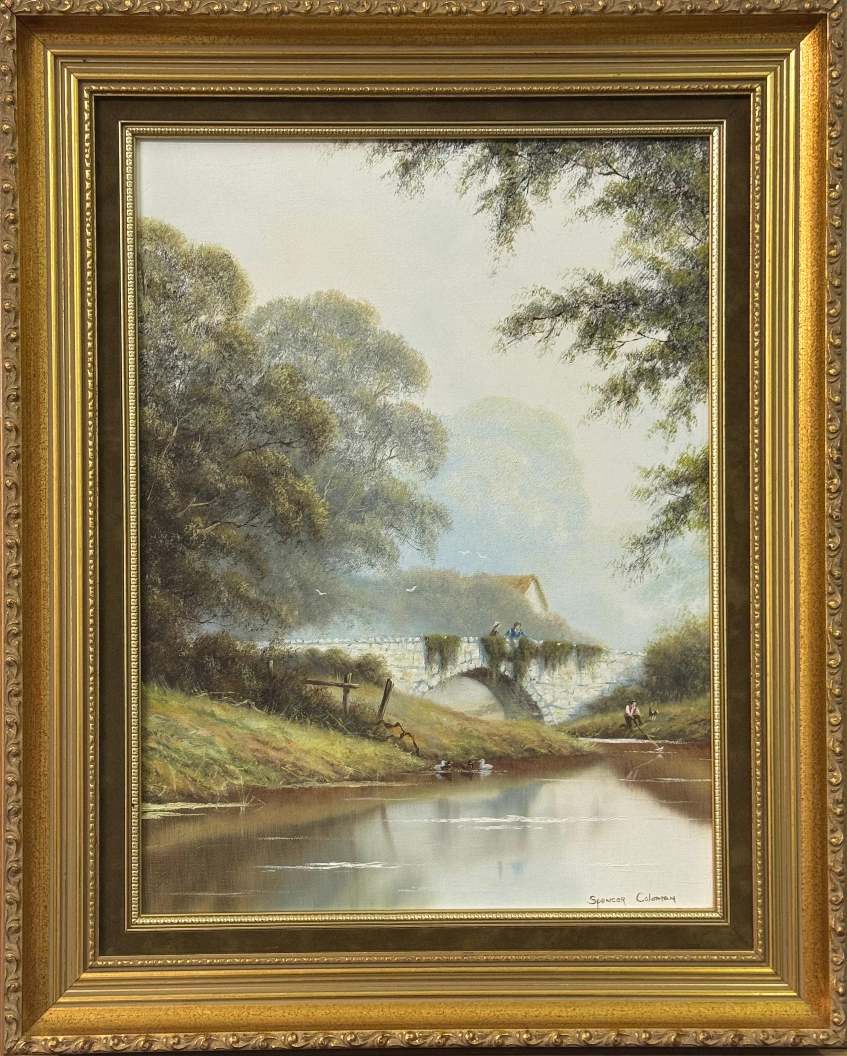 River Bridge with Figures in English Countryside by 20th Century British Artist