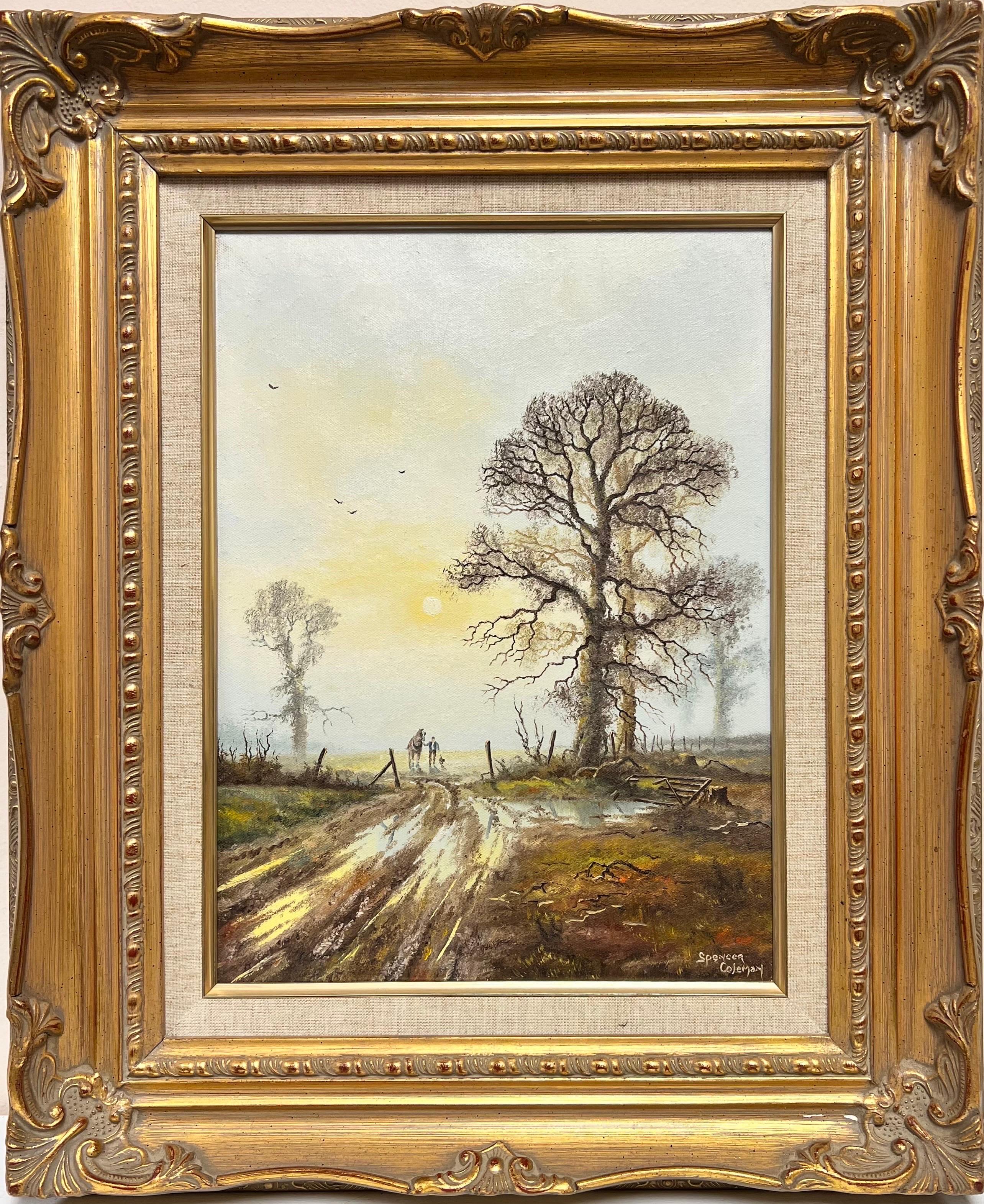 Rural English Landscape Sunrise with Plough Horse, Farmer & Dog, signed oil - Painting by Spencer Coleman