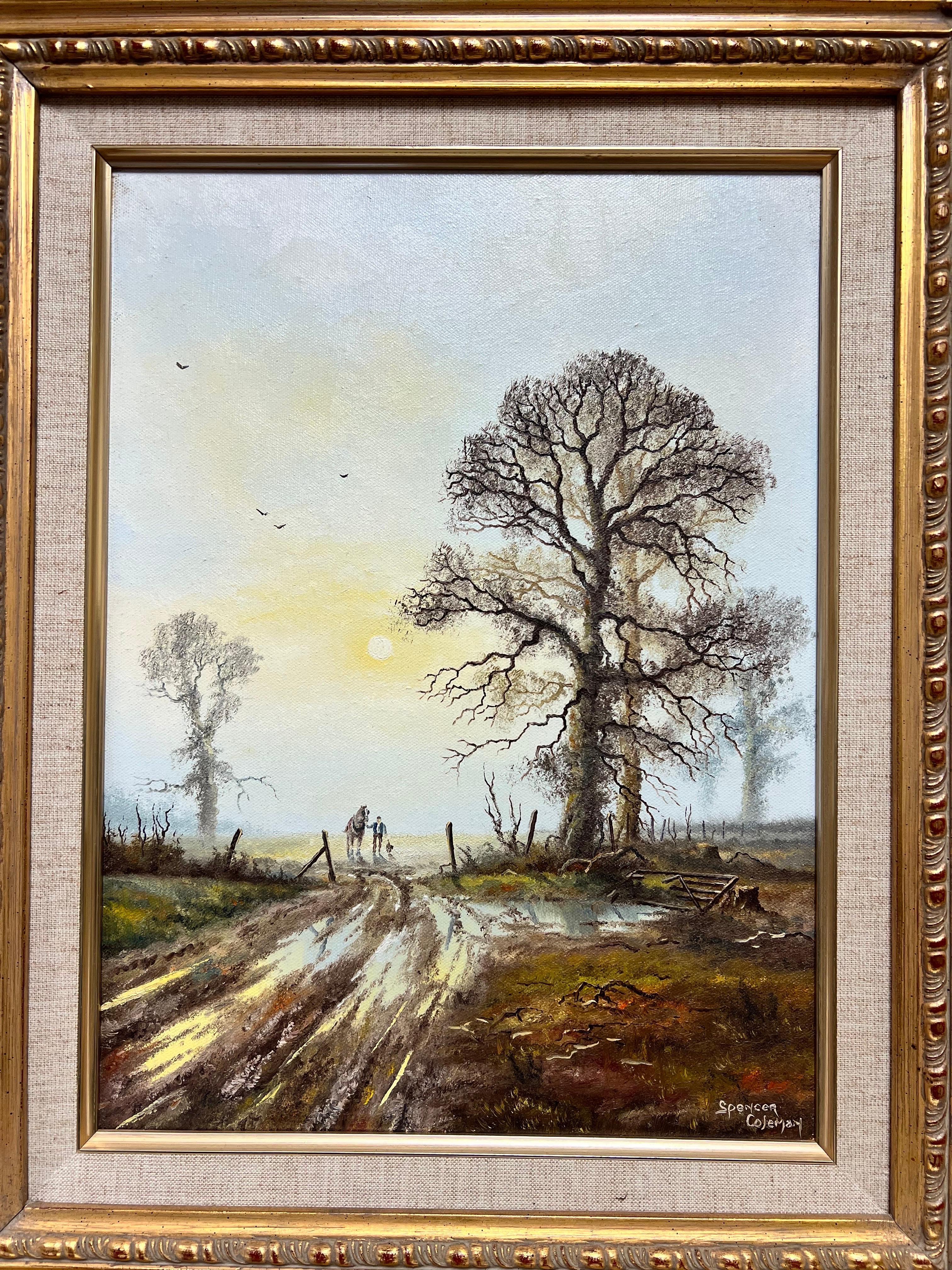 Paysage rural anglais au lever du soleil avec cheval, ferme et chien, huile signée - Victorien Painting par Spencer Coleman
