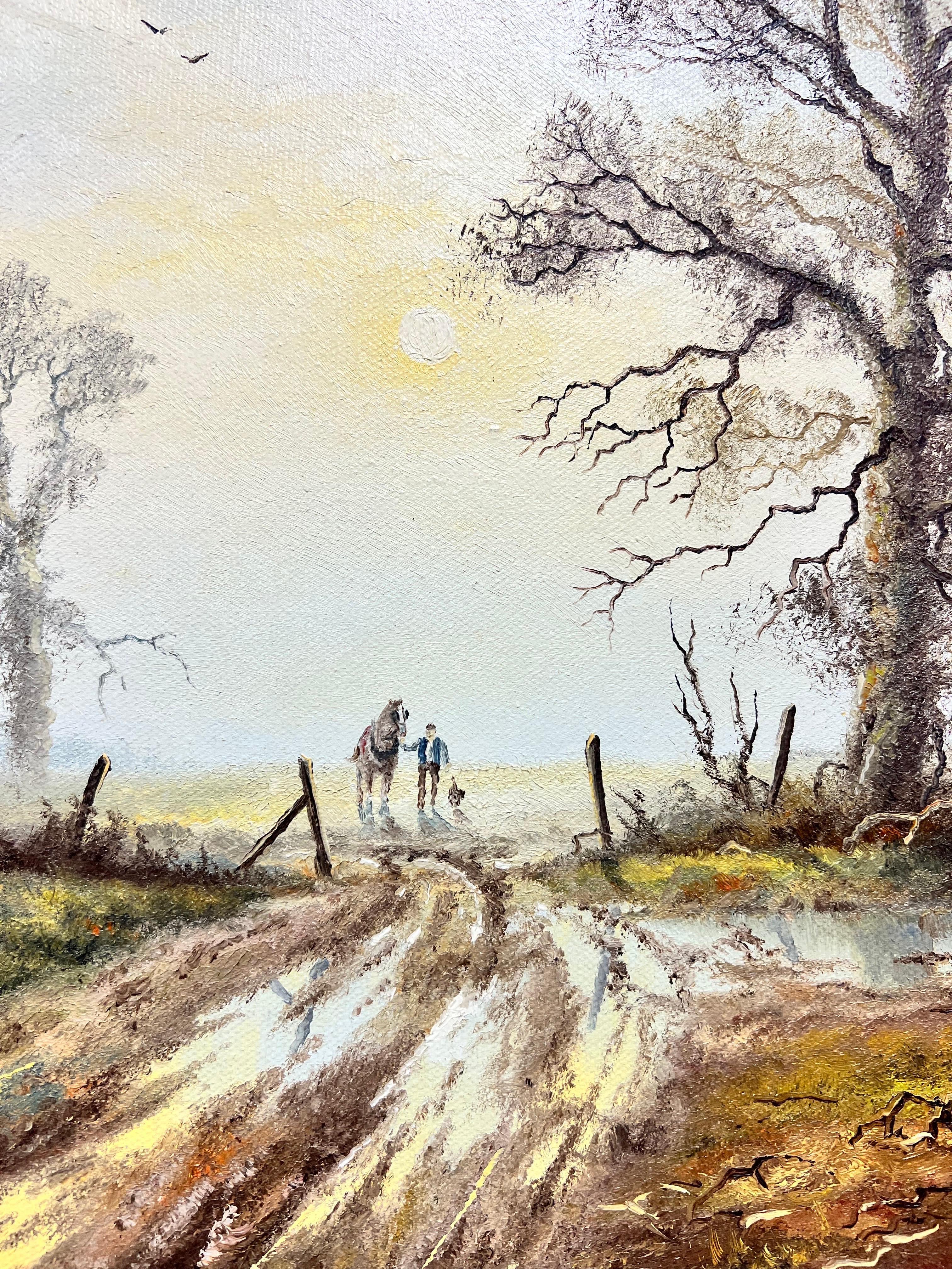 Paysage rural anglais au lever du soleil avec cheval, ferme et chien, huile signée en vente 2