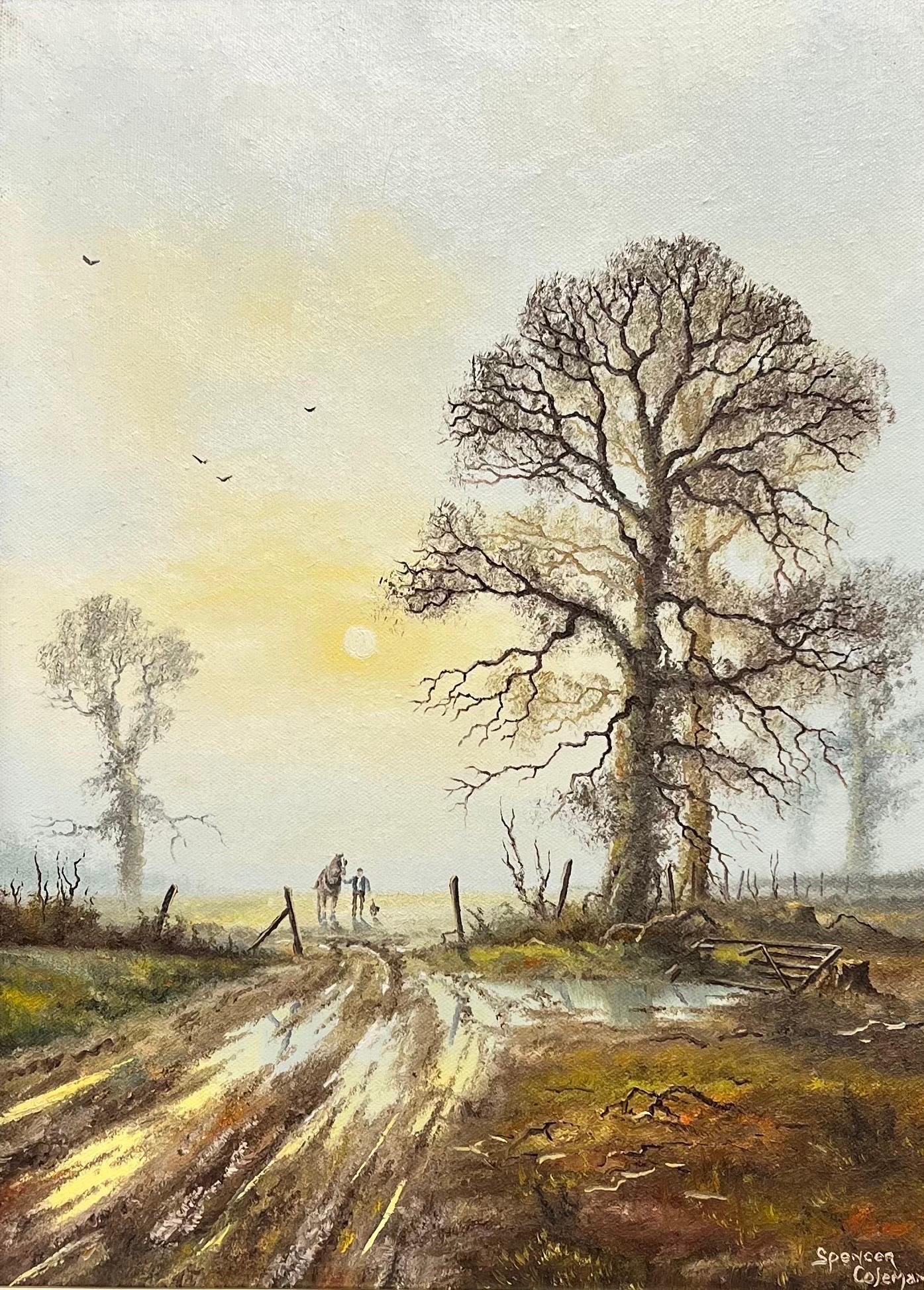 Landscape Painting Spencer Coleman - Paysage rural anglais au lever du soleil avec cheval, ferme et chien, huile signée