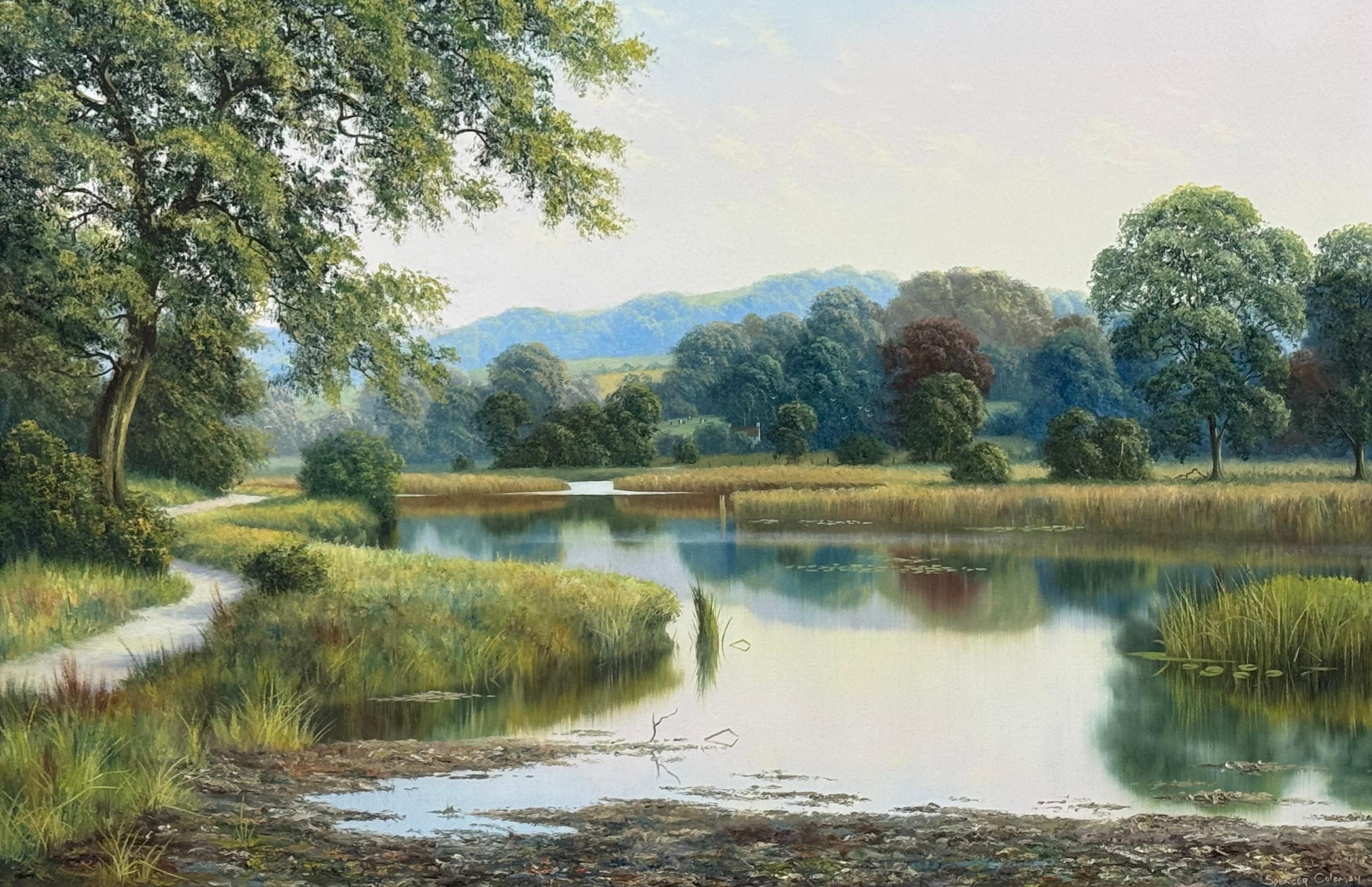 Serena Escena Fluvial con Cabaña y Vacas en los Campos de la Campiña Inglesa - Painting Realista de Spencer Coleman