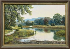 Serene River Scene with Cottage & Cows in the Fields of the English Countryside