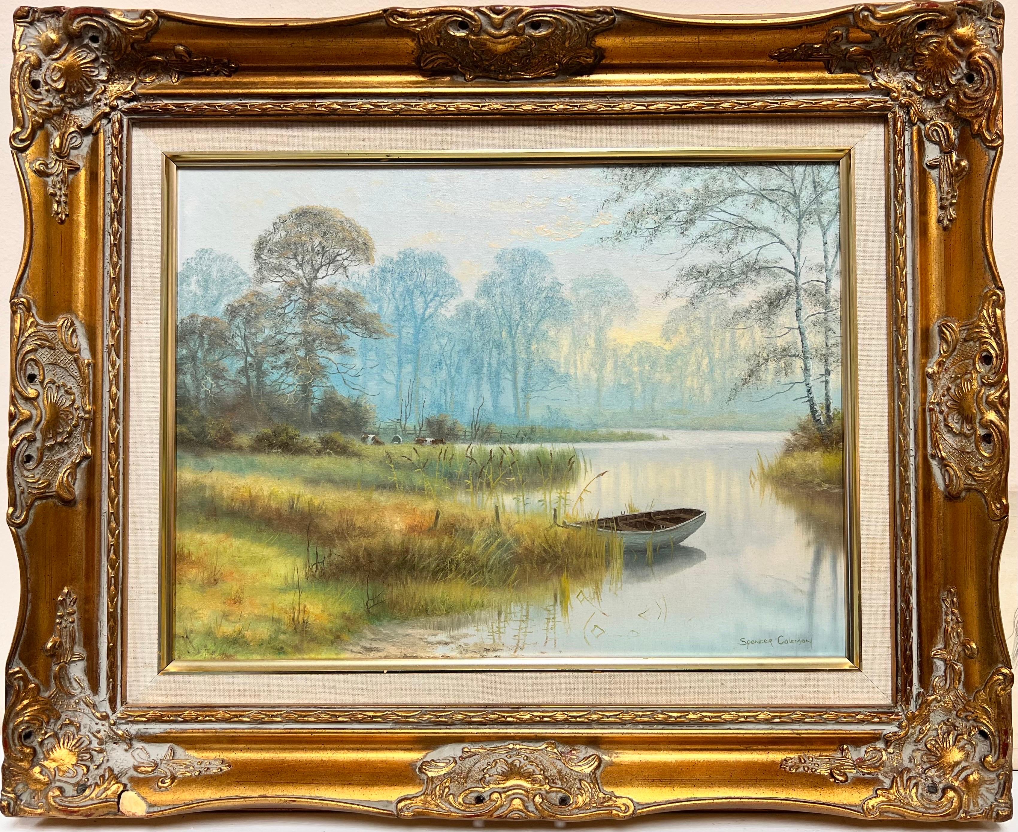 Spencer Coleman Animal Painting - Sunrise over Tranquil River Landscape with Cattle Grazing in Meadows English Oil