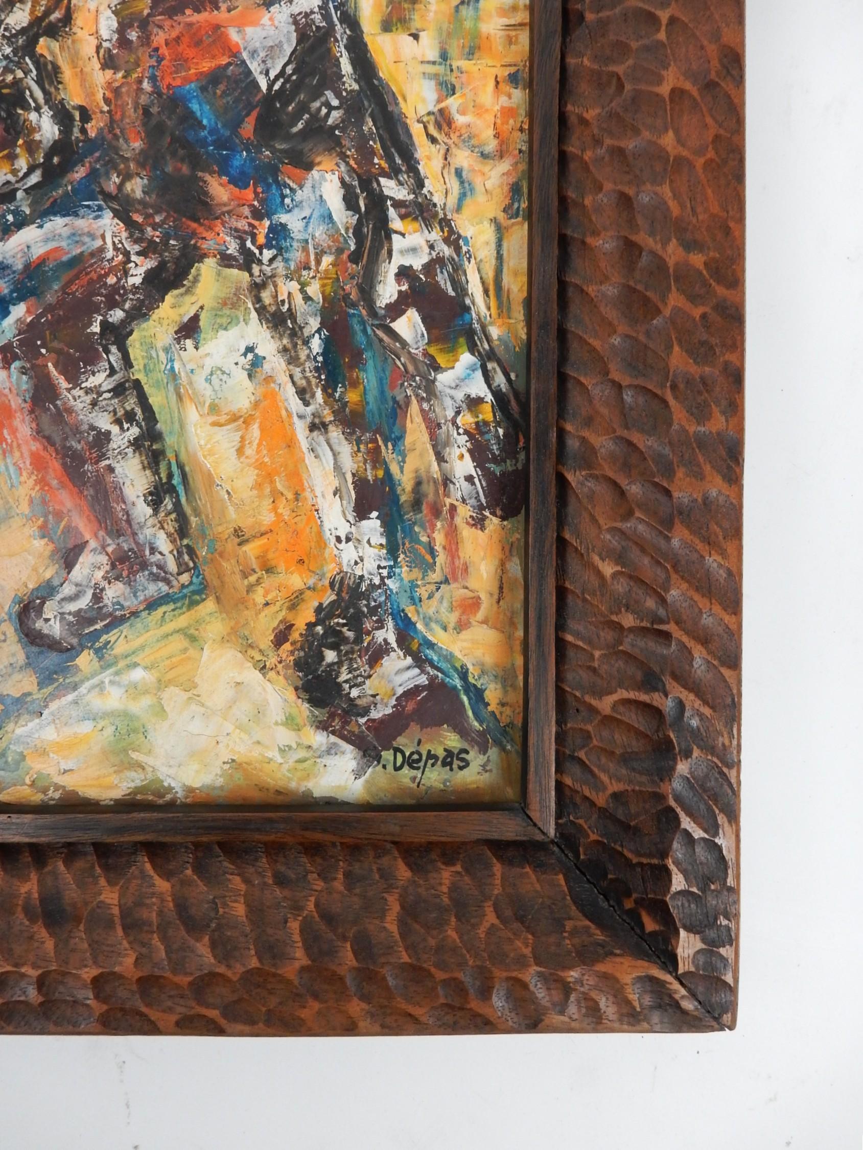Raro dipinto a olio su tavola di masonite dell'artista modernista haitiano Spencer Depas, haitiano (1928-1989). Montato nella sua cornice originale intagliata con trucioli.
Firmato 