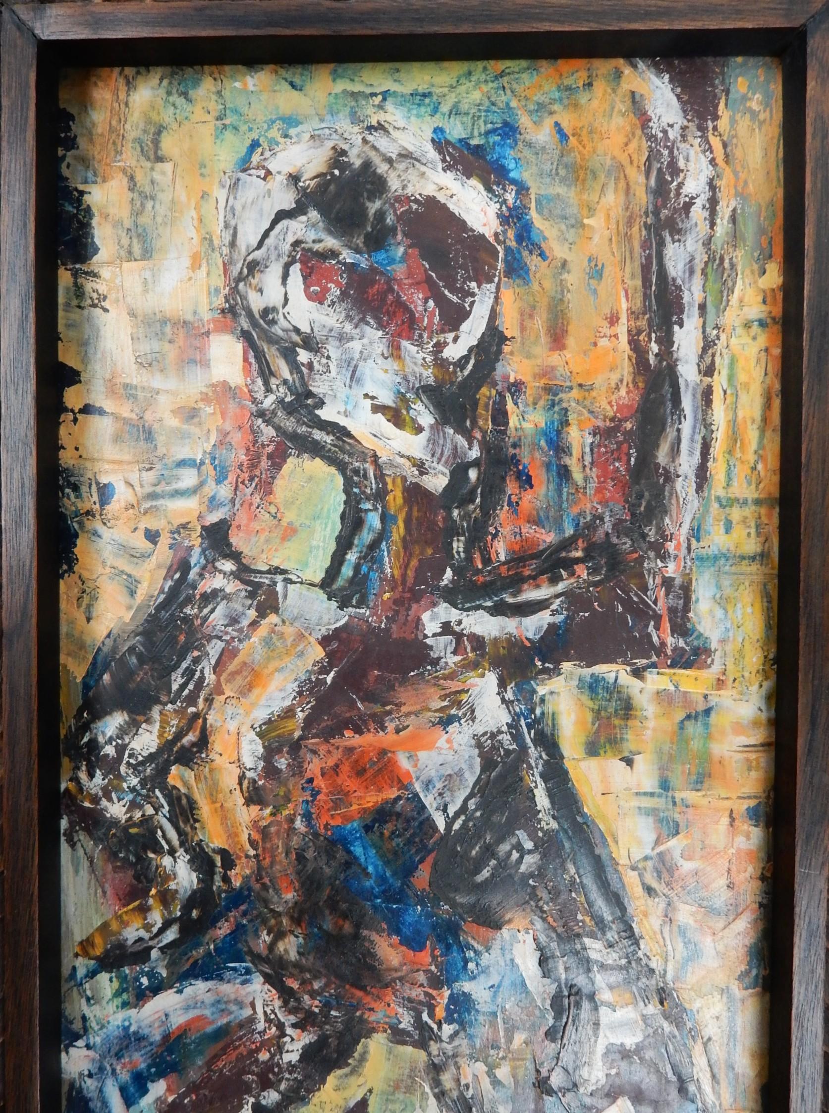 Mid-Century moderno Spencer Depas, Haitiano, 1928-1989 dipinto a olio su masonite. Cornice realizzata dall'artista in vendita