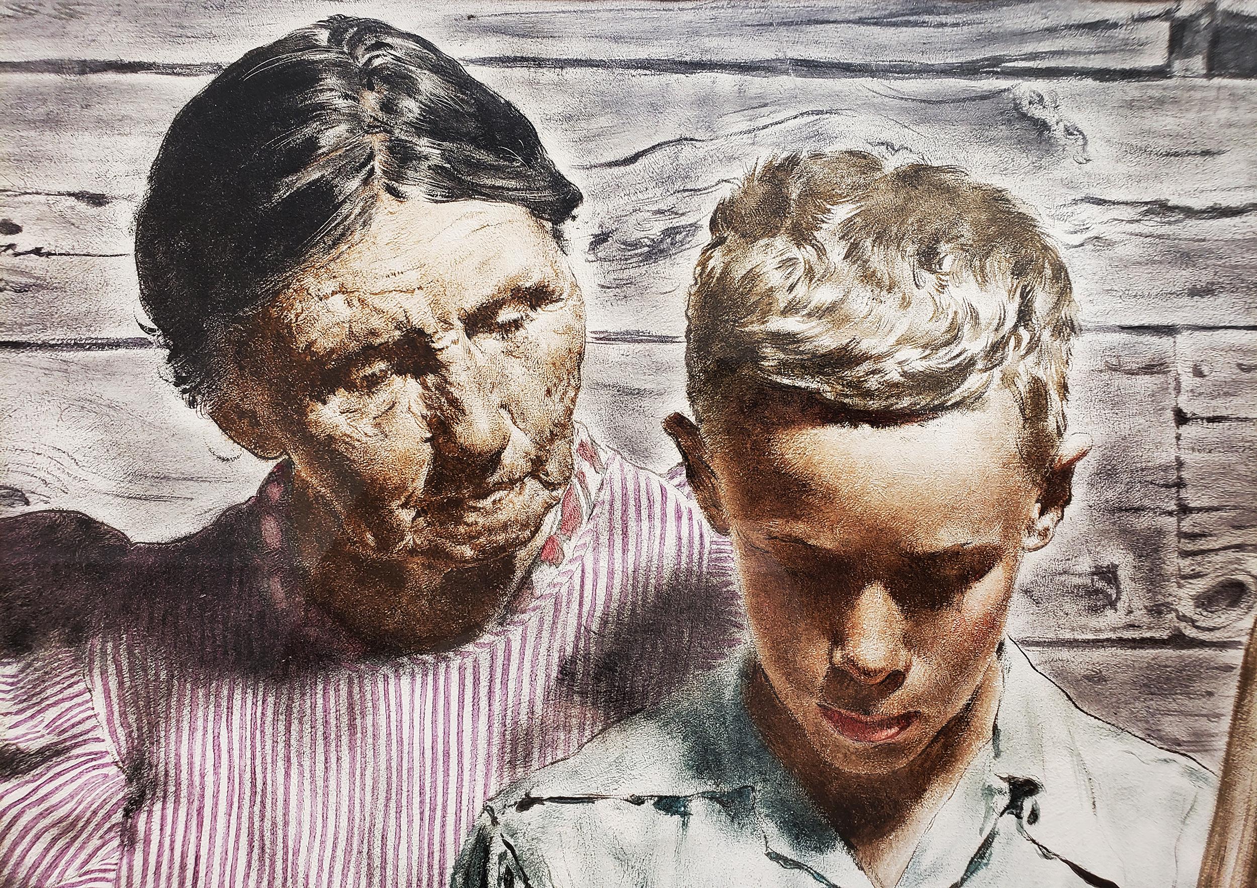 Grand Mother and Grand Son Read Emotional Letter - Gray Figurative Painting by Spencer Douglass Crockwell