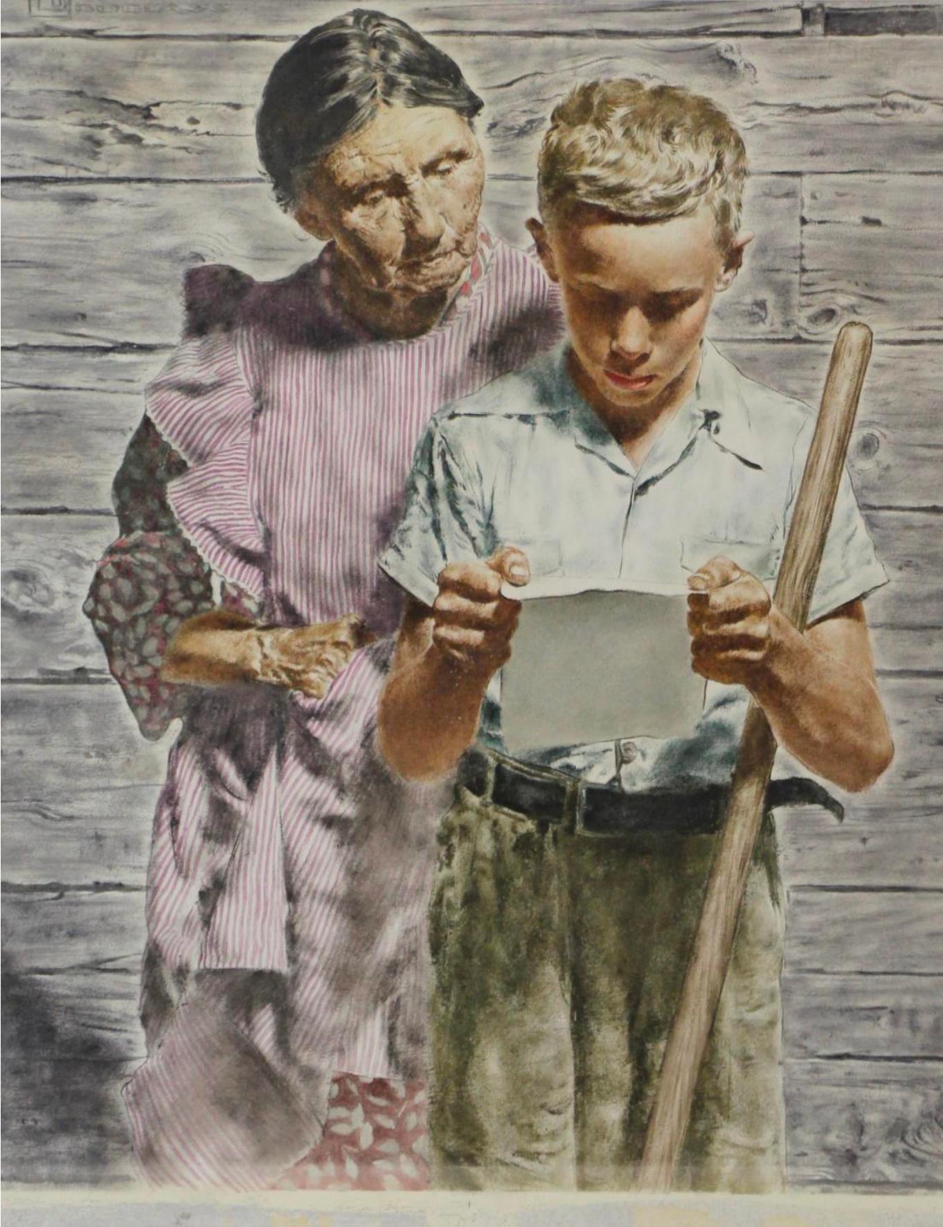 Spencer Douglass Crockwell Figurative Painting – Großer Vater und Großer Sohn liest Emotionalen Brief