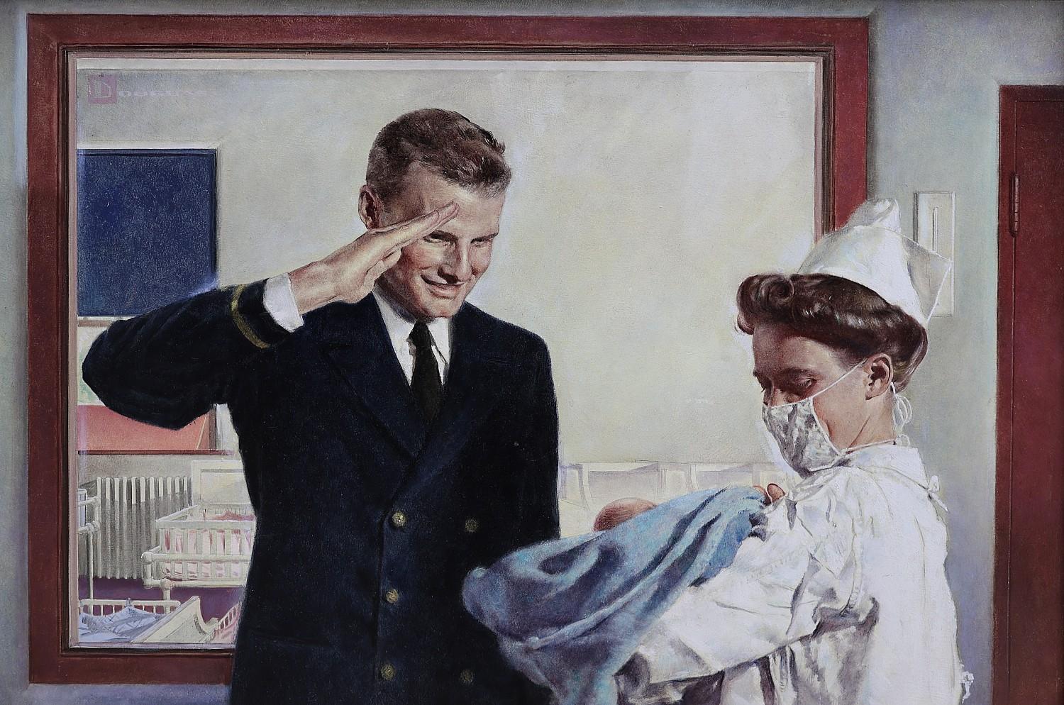 Officier de marine saluant un nouveau-né - Painting de Spencer Douglass Crockwell