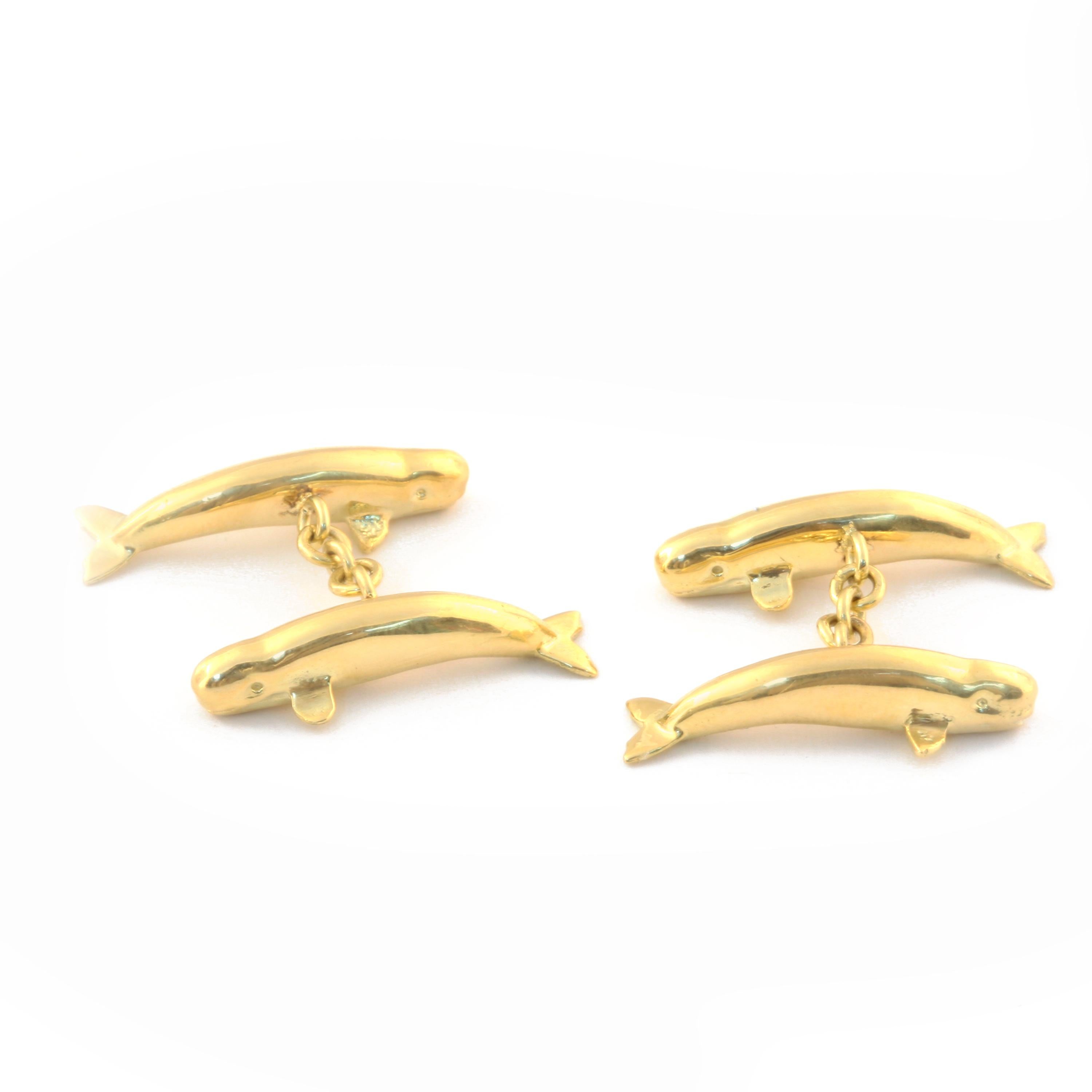    The substantial weight of these cuff-links is due to the lost wax casting process. Solid handmade chain links each pair of whales together. Fits French cuffs.
   The Sperm Whale was most sought after during the whaling industry. The name sperm