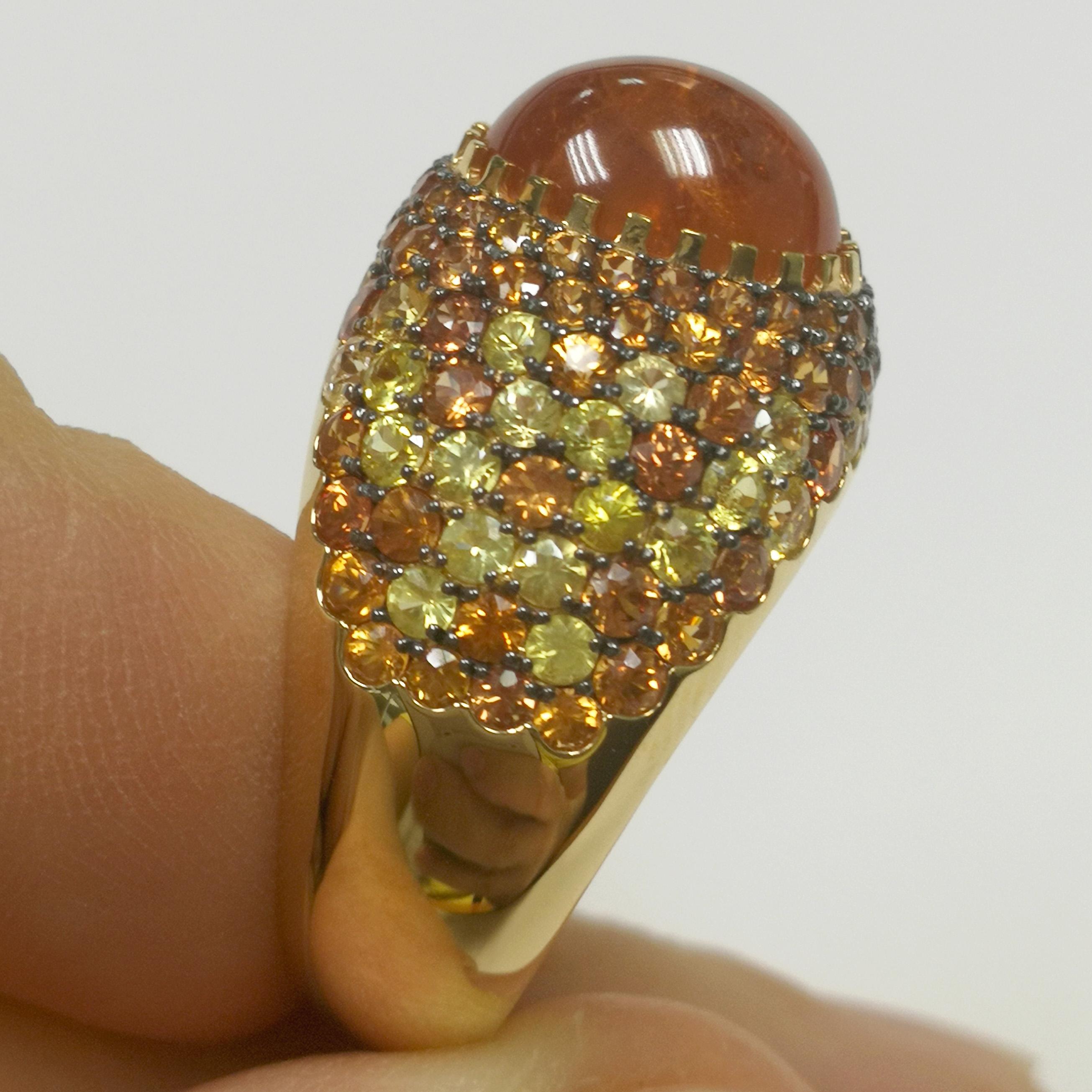 Oval Cut Spessartine 1.00 Carat Yellow Orange Sapphires Yellow 18 Karat Gold Riviera Ring For Sale