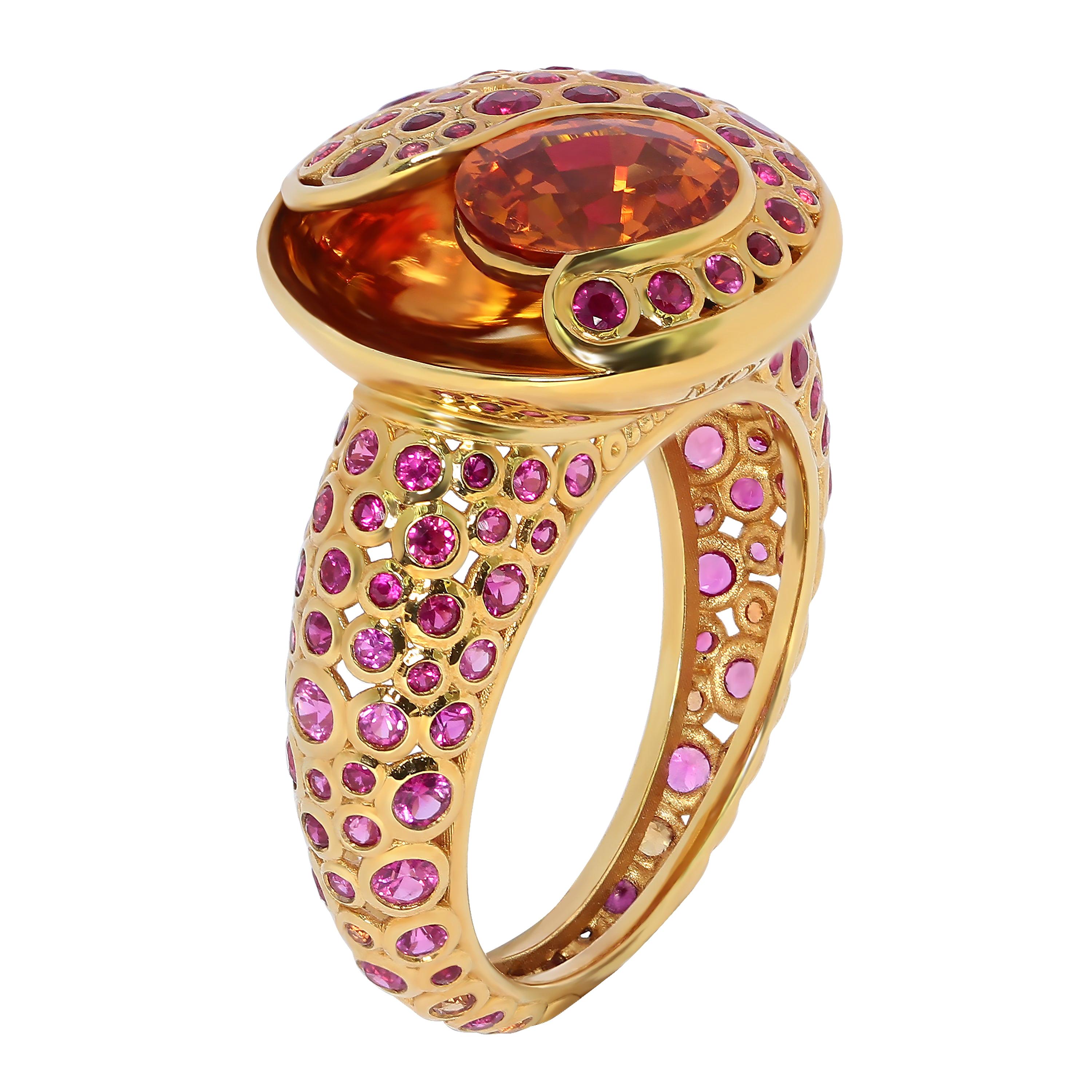 Spessartine 1.75 Carat Ruby Sapphire 18 Karat Yellow Gold Bubble Ring