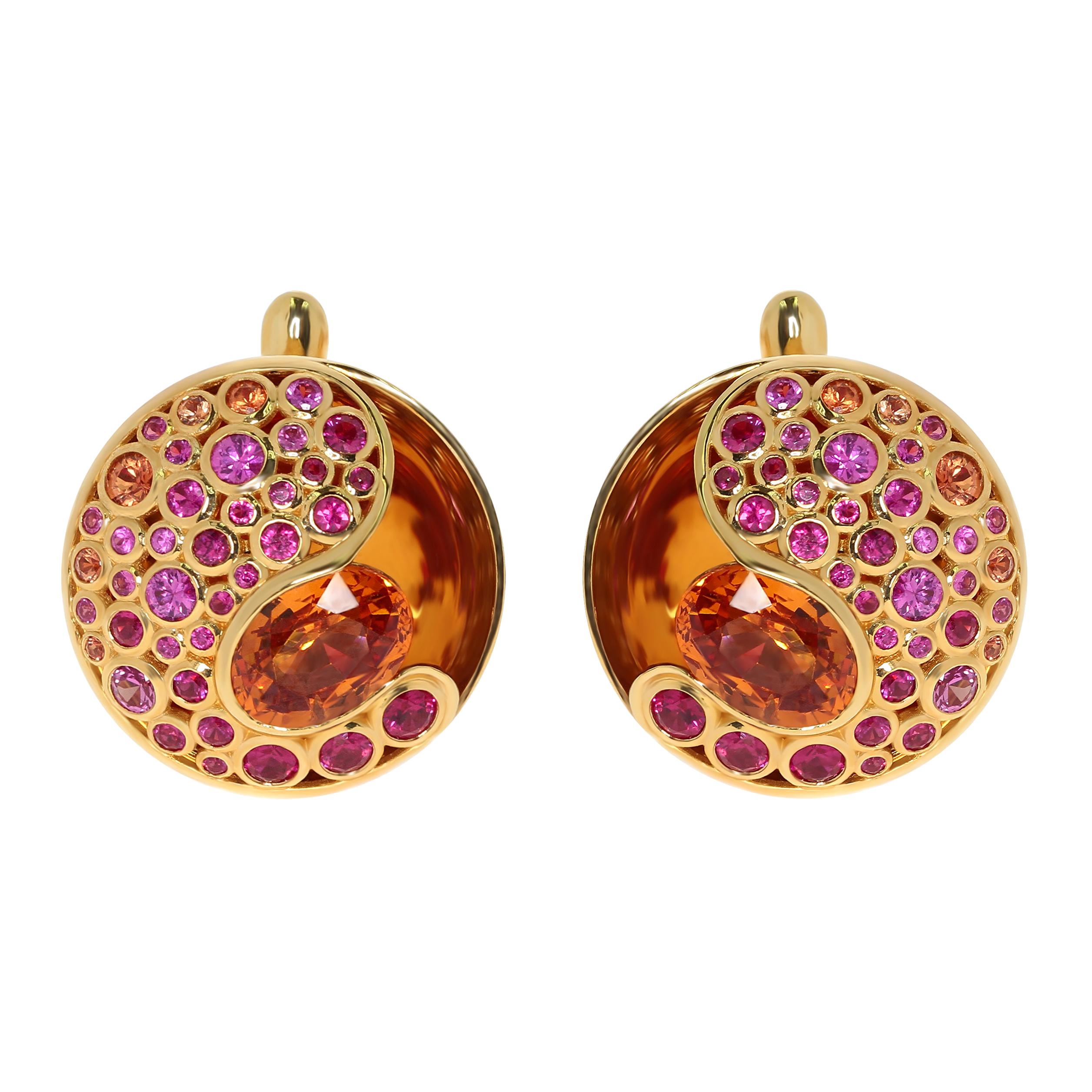 Boucles d'oreilles en forme de bulles en or jaune 18 carats avec rubis et saphirs spessartine de 2,59 carats